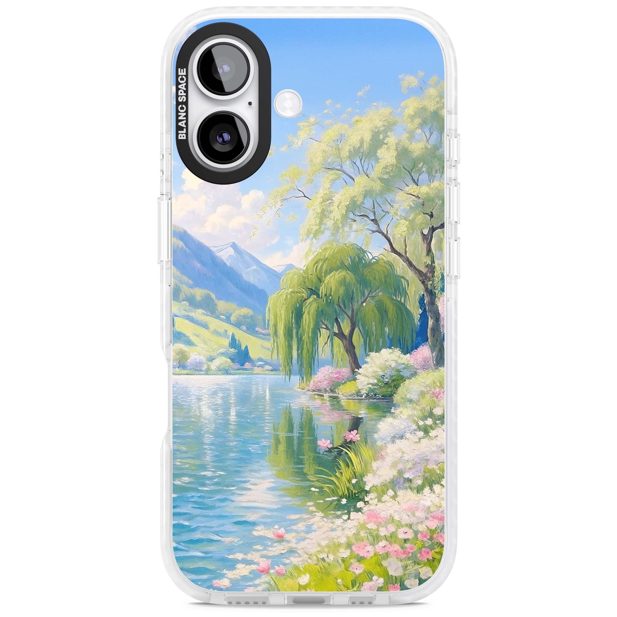 Willow Lake cottagecore iPhone case featuring a painted lakeside with weeping willow, blossoms and distant mountains | Impact Magsafe case for iPhone 17