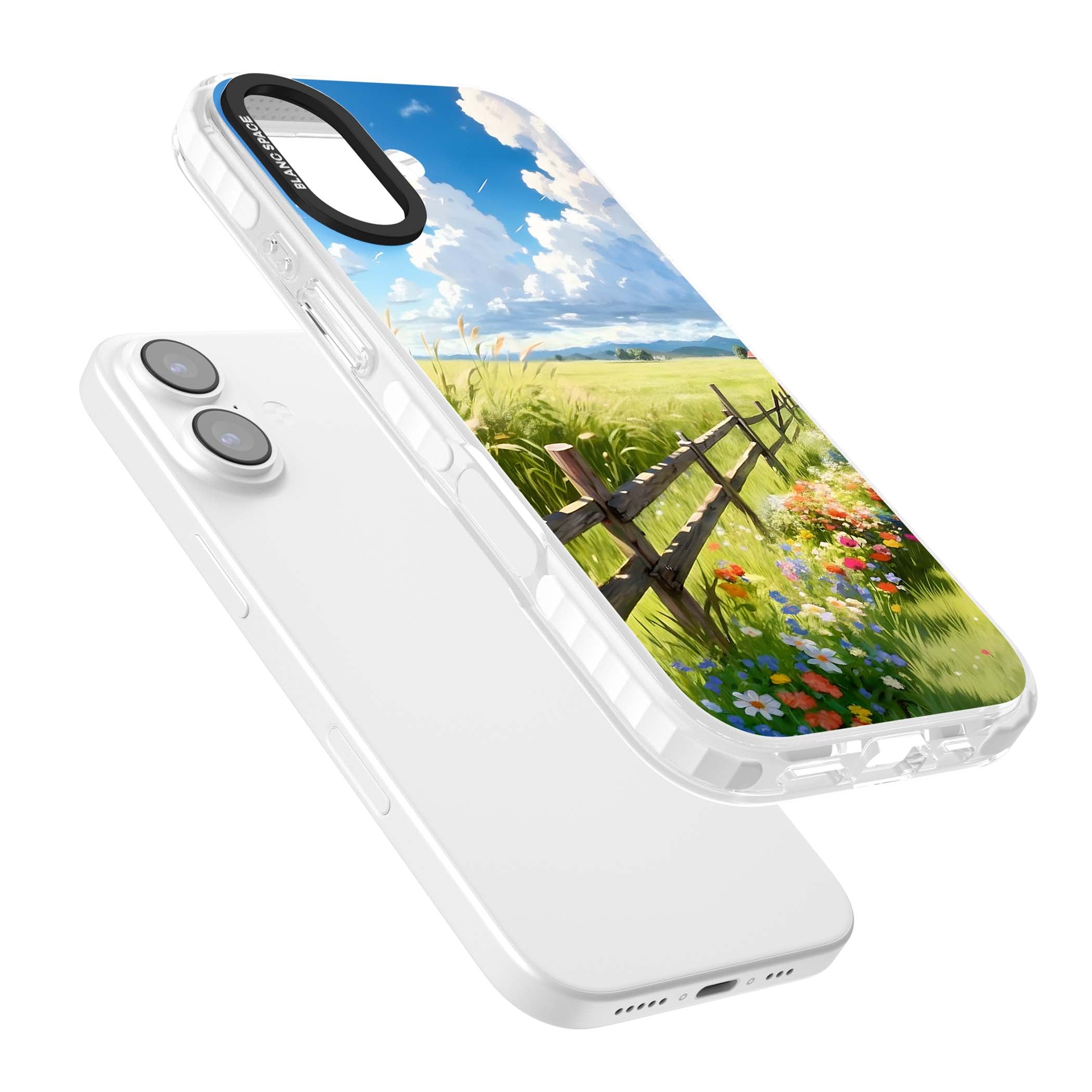 A Countryside Afternoon cottagecore iPhone case featuring a painted countryside meadow, wooden fence, and wildflowers beneath | Impact Magsafe case for iPhone 17