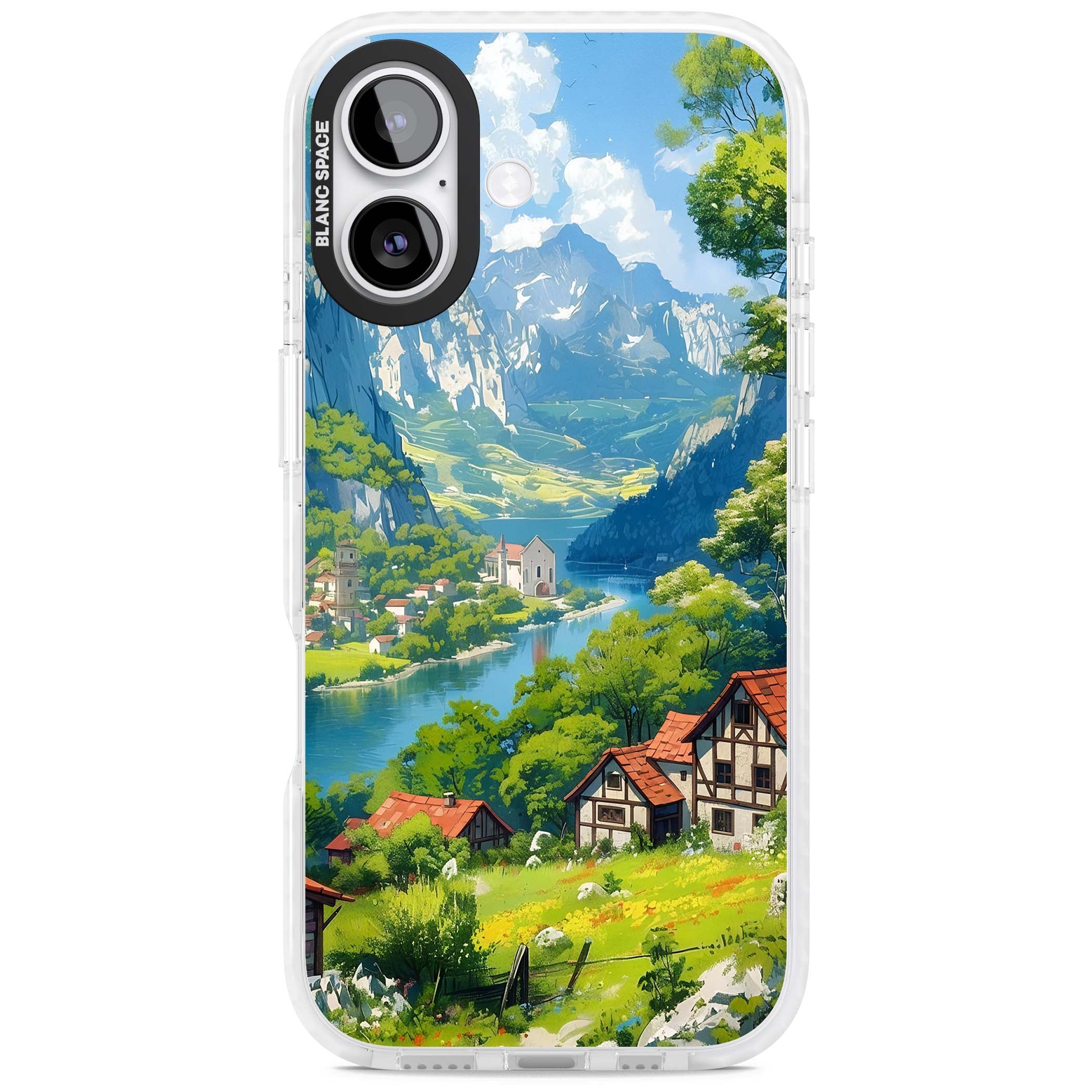 Village In The Valley anime iPhone case featuring a painted mountain village, river valley and half-timbered cottages. | Impact Magsafe case for iPhone 17