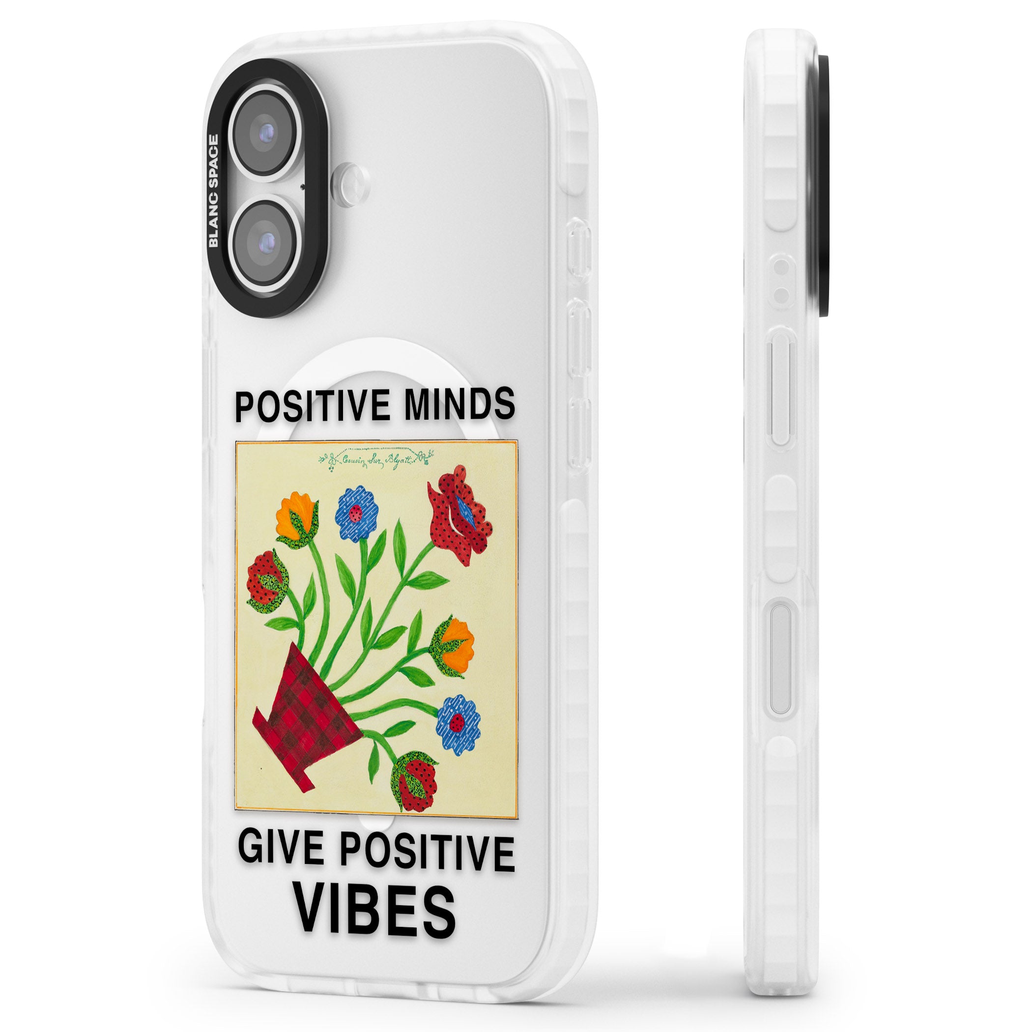 Positive Minds Give Positive Vibes iPhone 17 Impact Pro Clear Phone Case Side Profile