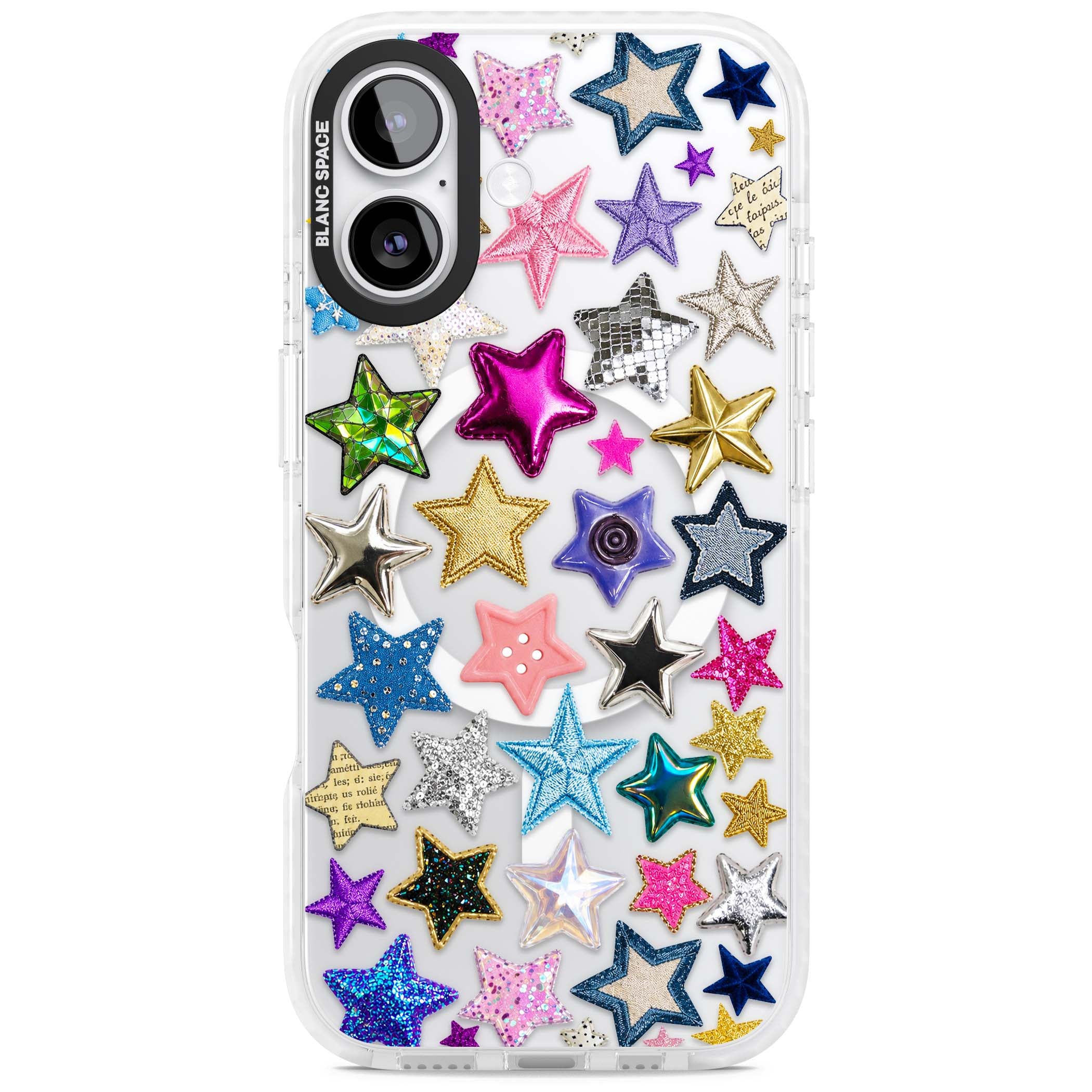 Crafty Star Mix Y2K iPhone case featuring embroidered, sequinned and glitter star patches in rainbow colours | Impact Magsafe case for iPhone 17