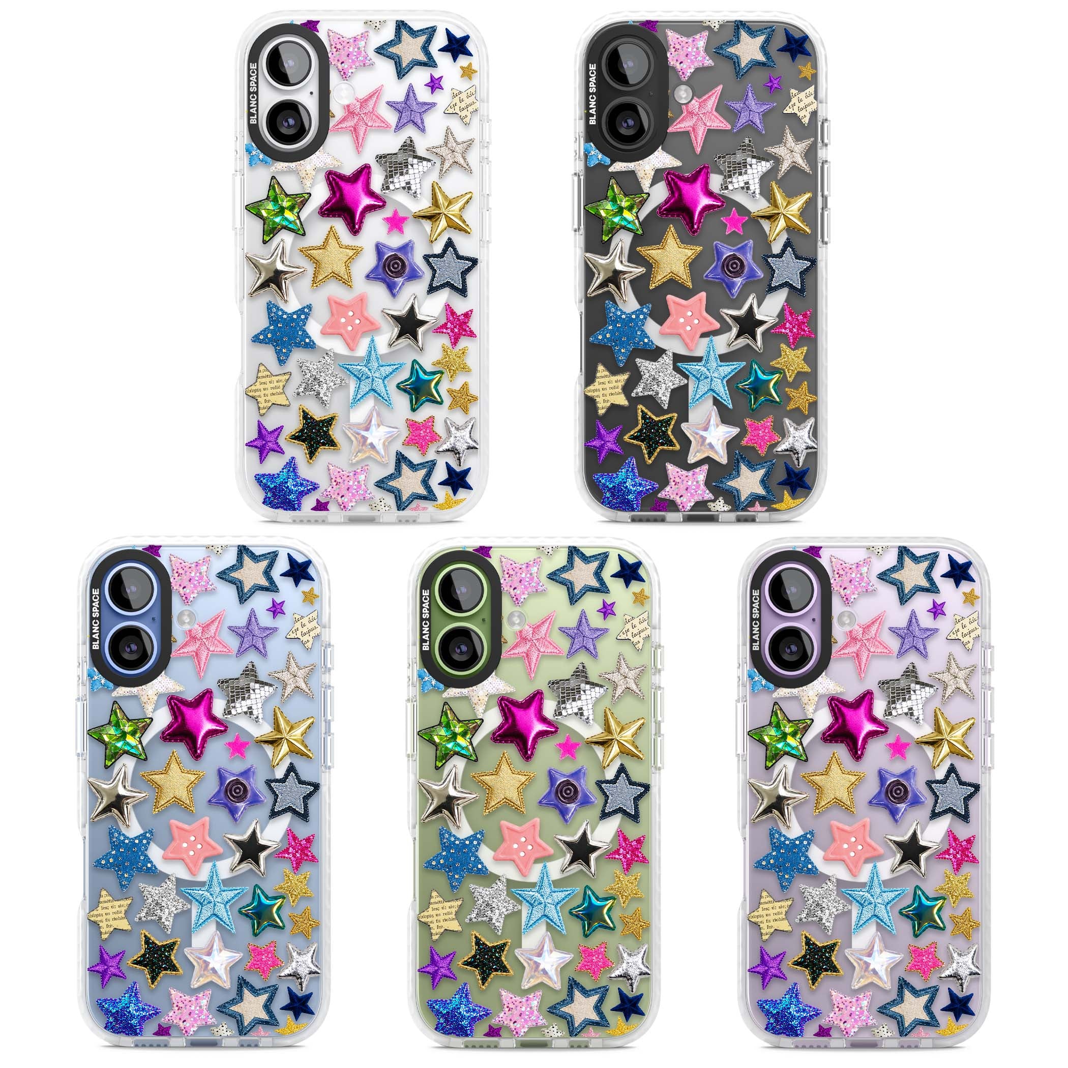 Crafty Star Mix Y2K iPhone case featuring embroidered, sequinned and glitter star patches in rainbow colours | Impact Magsafe case for iPhone 17