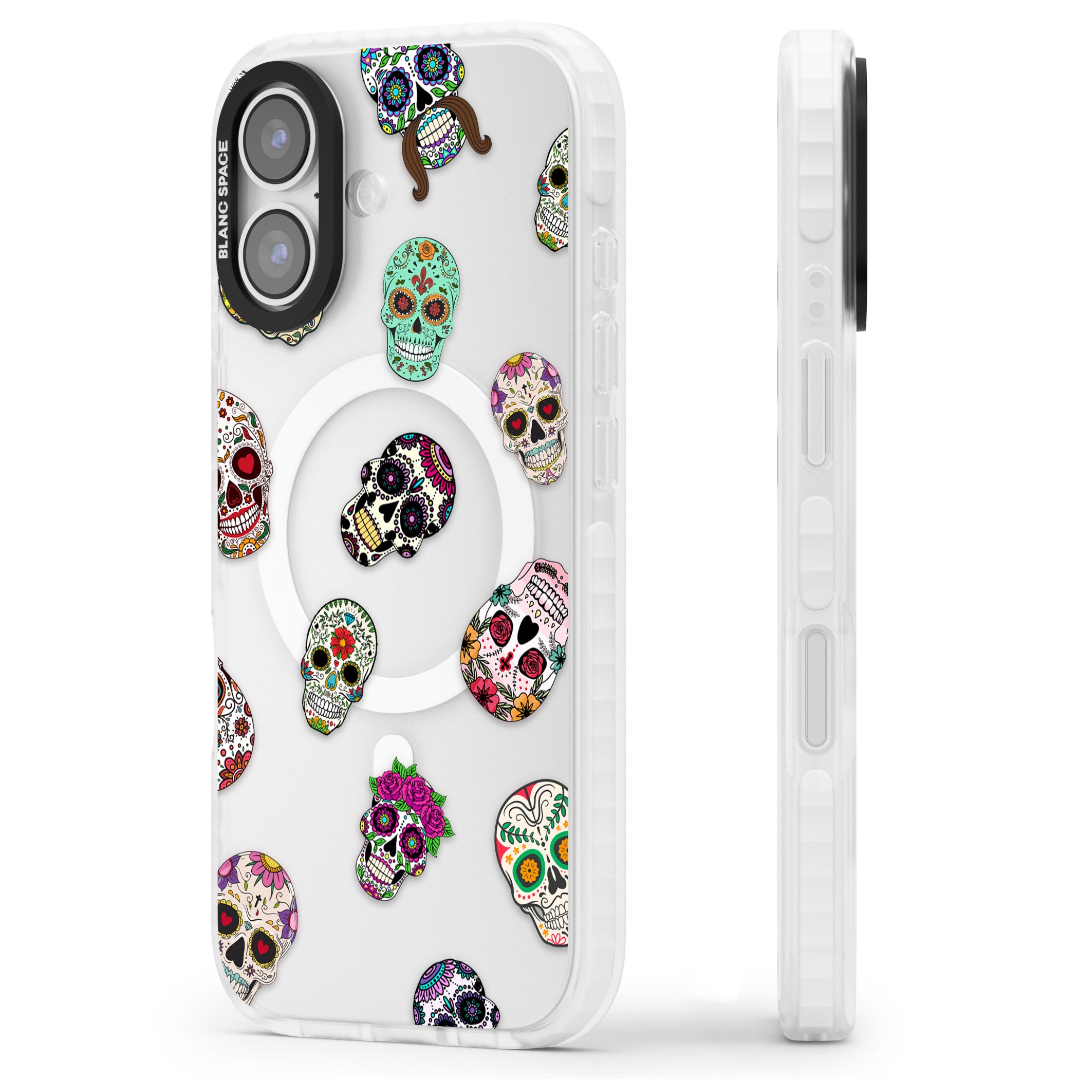 Mixed Sugar Skull Pattern iPhone 17 Impact Pro Clear Phone Case Side Profile