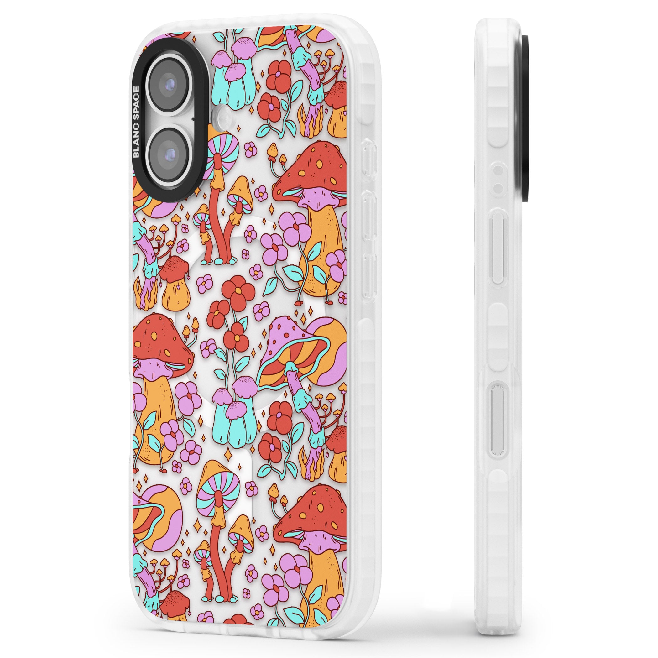 Psychedelic Flowers & Mushrooms iPhone 17 Impact Pro Clear Phone Case Side Profile