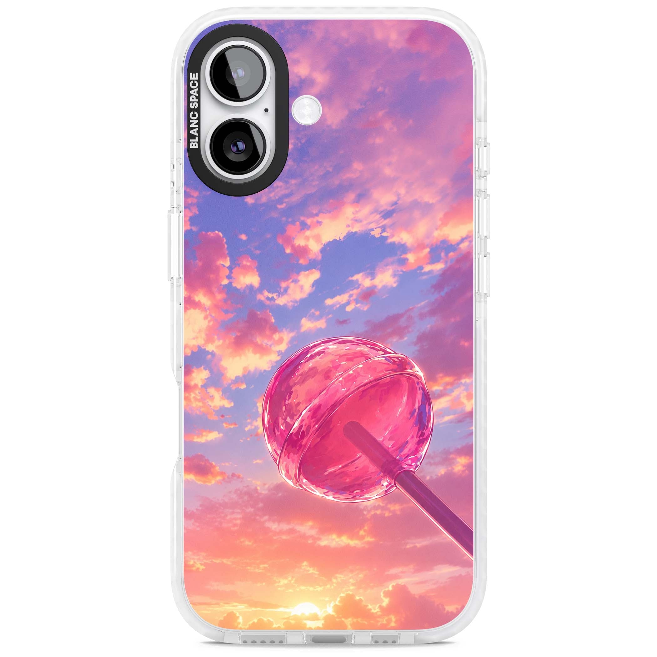 Sugar Sunset candy aesthetic iPhone case featuring a pink lollipop, pastel sunset sky and dreamy clouds | Impact Magsafe case for iPhone 17