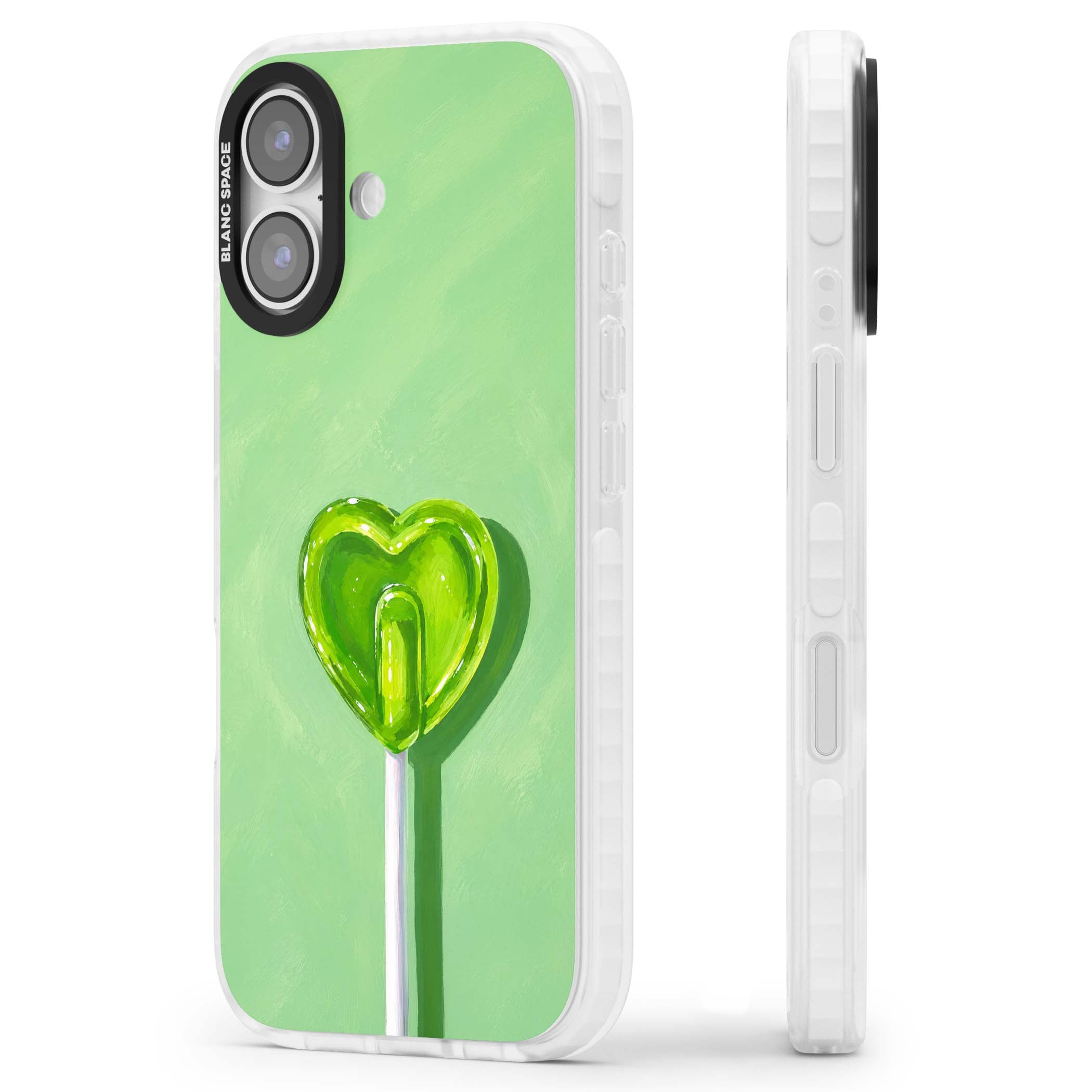 Green Lollipop candy art iPhone case featuring a glossy green heart-shaped lollipop on a painted pastel green background | Impact Magsafe case for iPhone 17