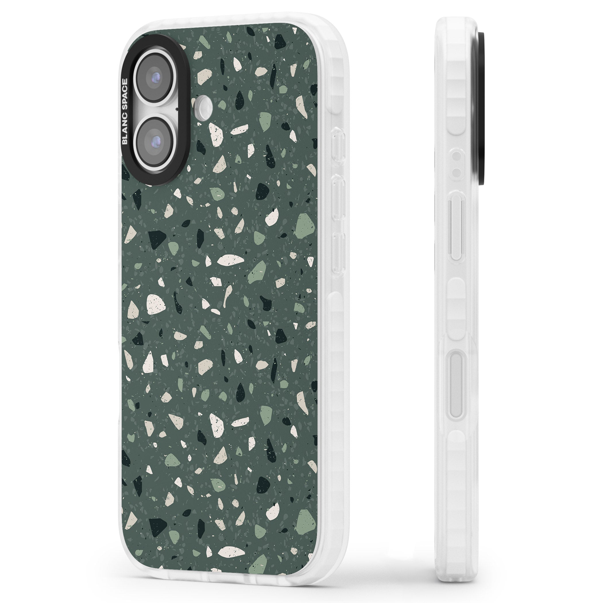 Green & Cream Terrazzo Pattern iPhone 17 Impact Pro Clear Phone Case Side Profile