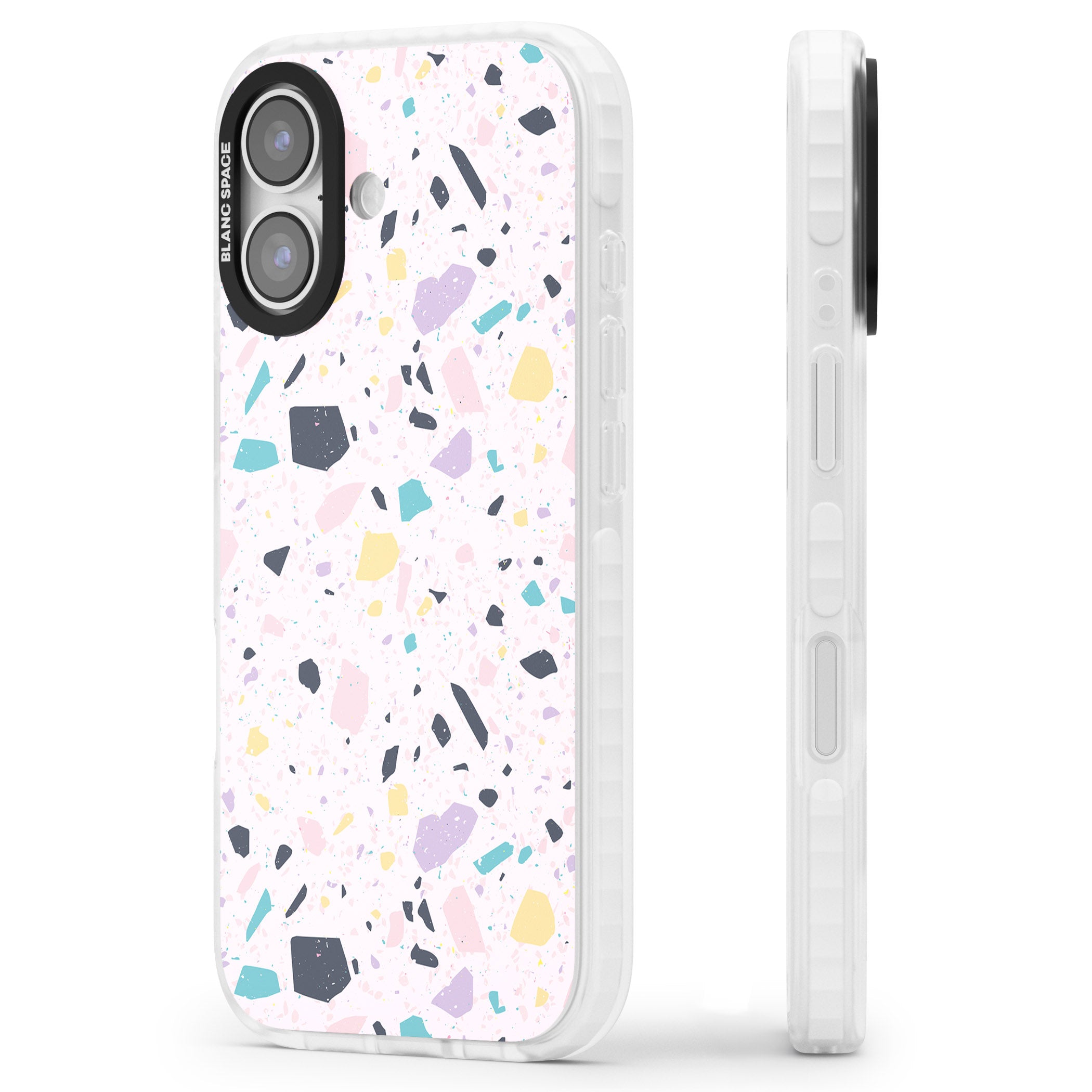 Pink, Purple & Turquoise Terrazzo Pattern iPhone 17 Impact Pro Clear Phone Case Side Profile