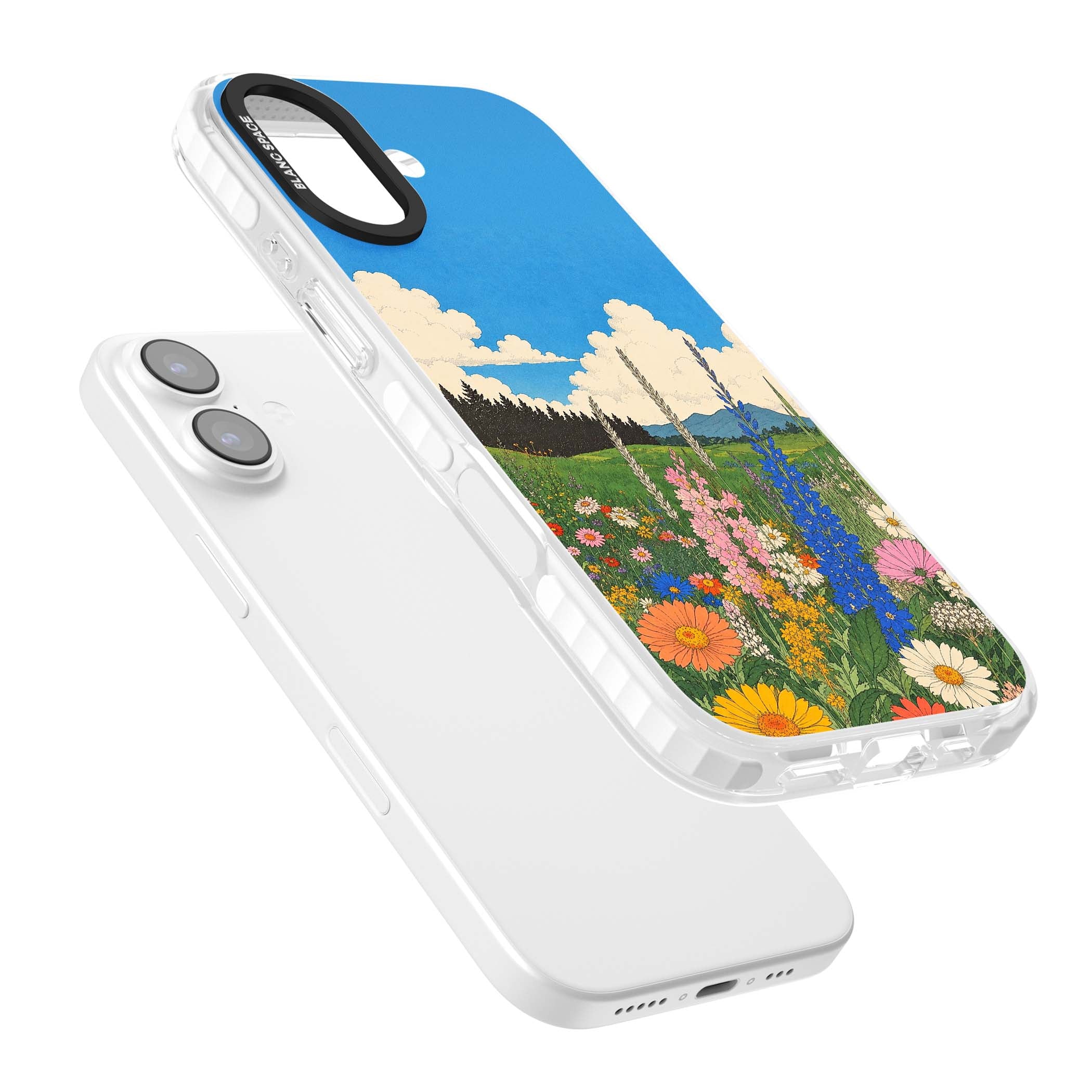 Wildbloom wildflower iPhone case featuring a vintage Japanese-style meadow landscape with daisies, delphiniums and moun | Impact Magsafe case for iPhone 17