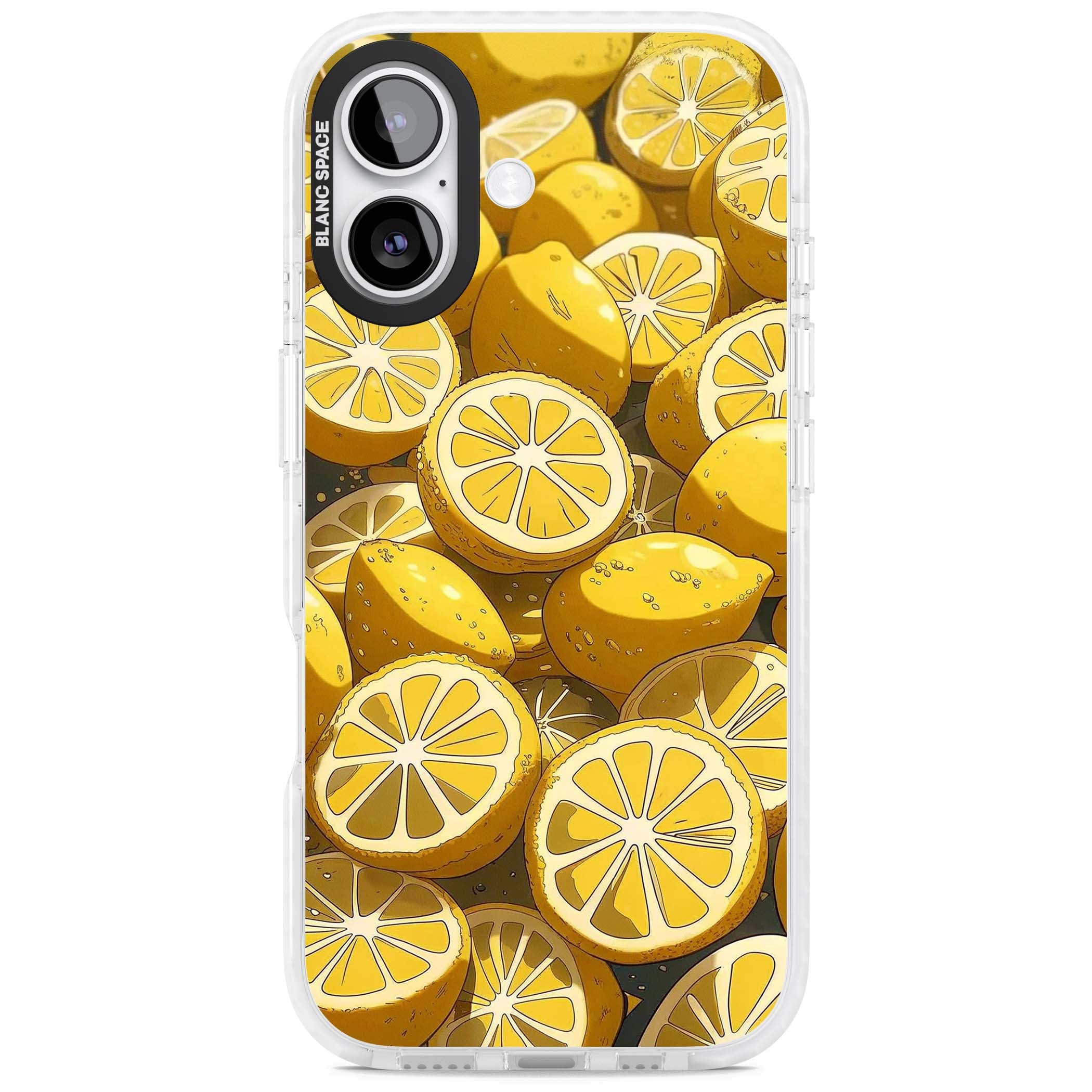 Zesty coastal iPhone case featuring illustrated Mediterranean lemons and citrus slices in golden yellow | Impact Magsafe case for iPhone 17