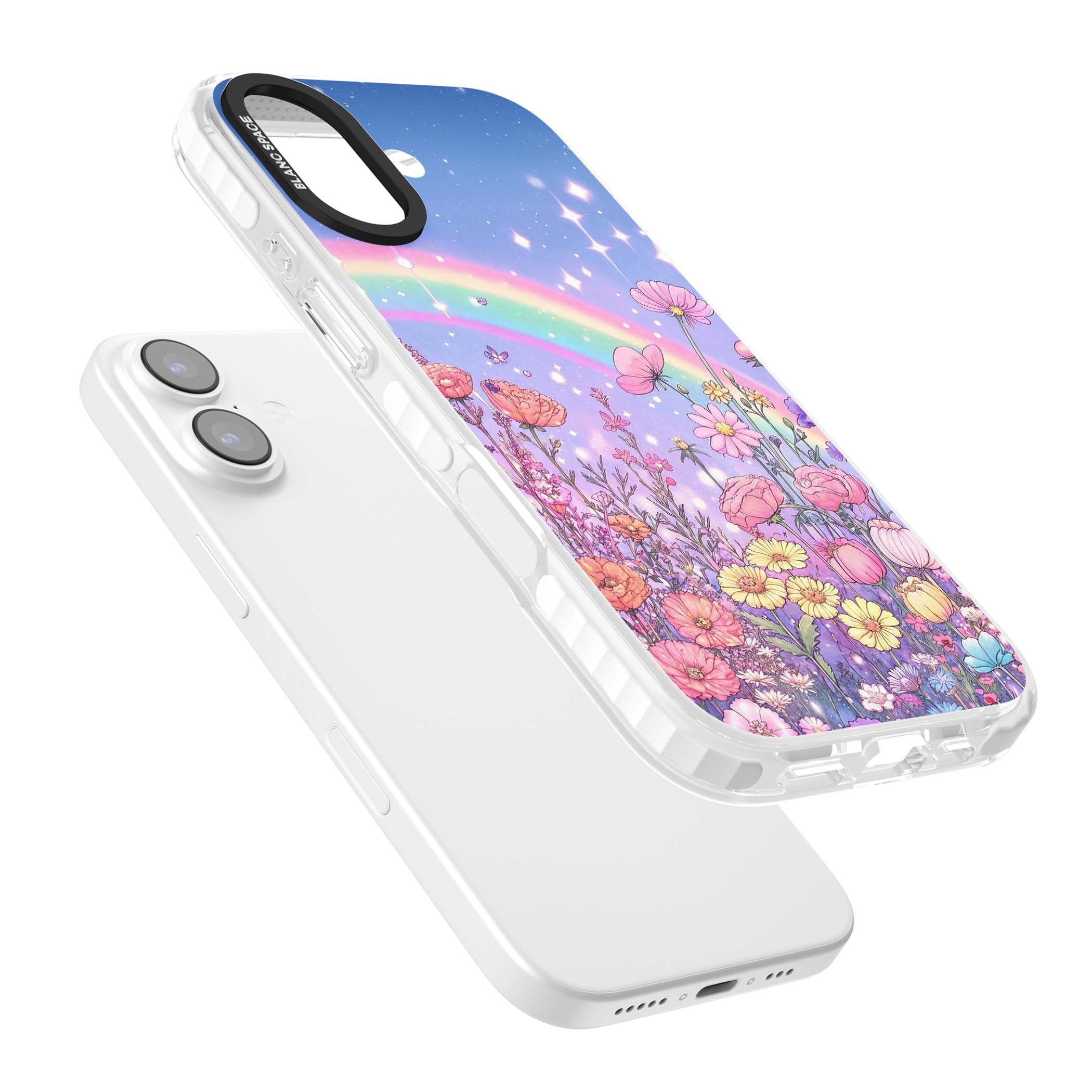 Magical Meadow fairycore iPhone case featuring a pastel rainbow, sparkling stars and a wildflower meadow | Black Impact case for iPhone 17