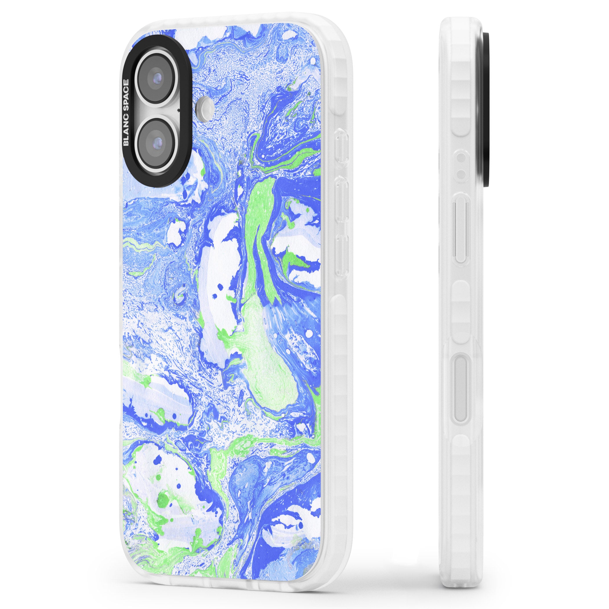 Dark Blue & Green Marbled Paper Pattern iPhone 17 Impact Clear Phone Case Side Profile