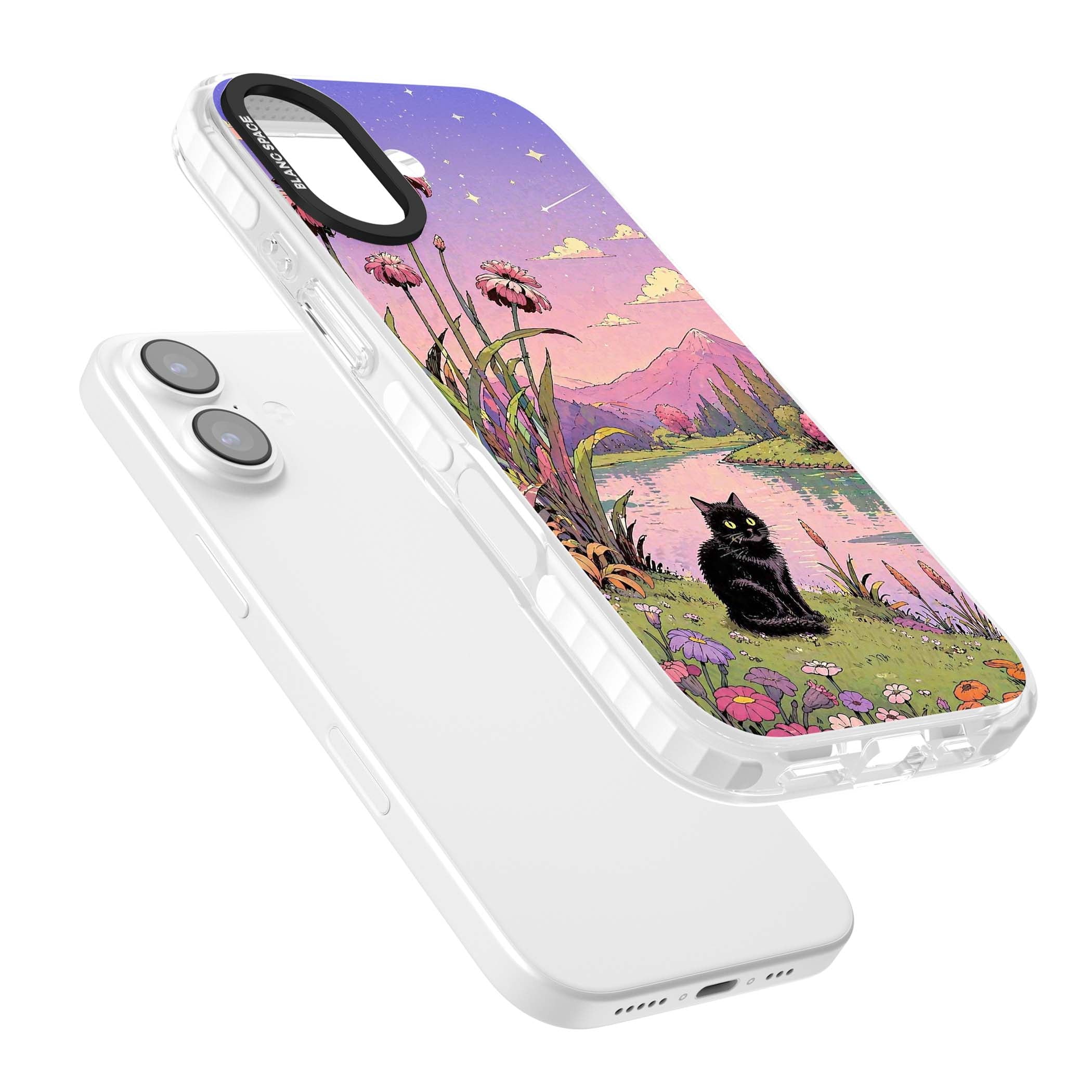 Mystic Whiskers ghibli iPhone case featuring a black cat by a pastel lake, wildflowers and a starry sunset sky | Black Impact case for iPhone 17