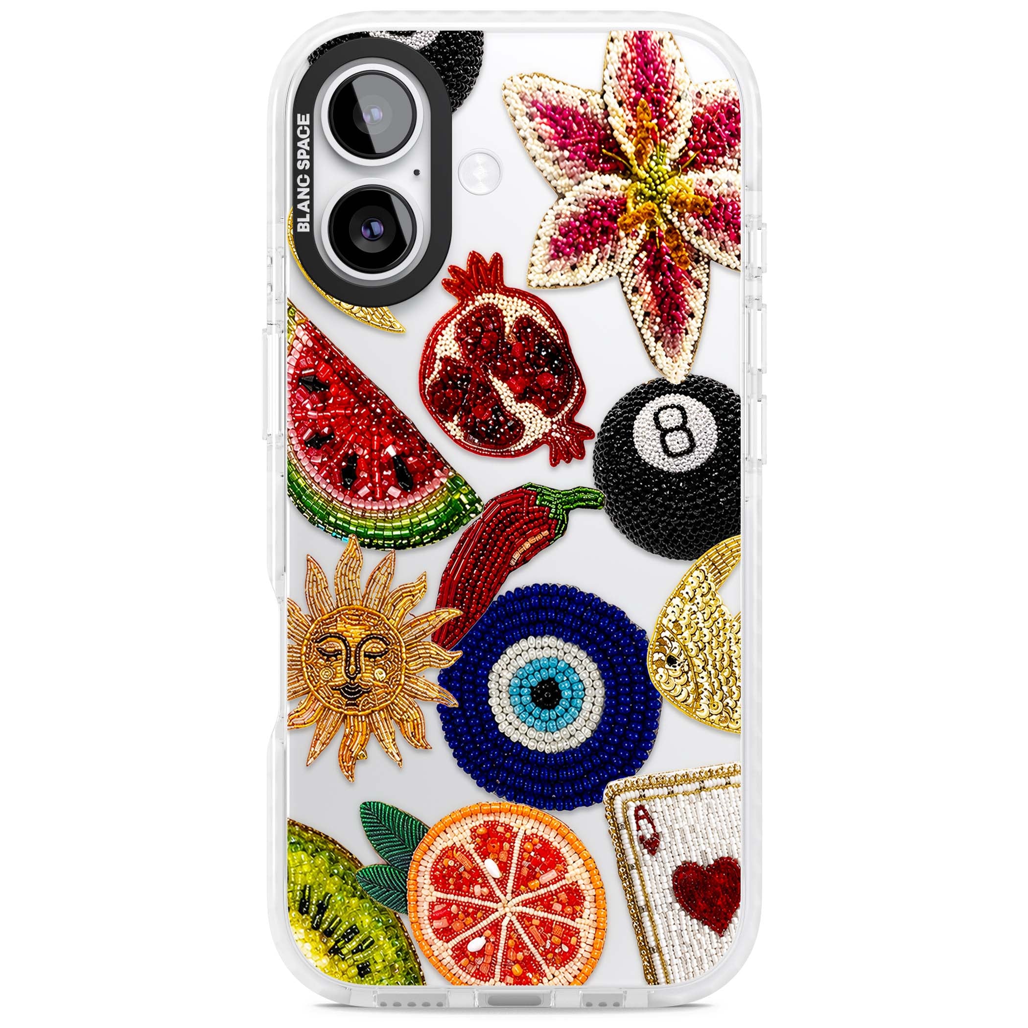 Beaded Charms embroidery iPhone case featuring beaded evil eye, fruit patches and a golden sun motif | Black Impact case for iPhone 17