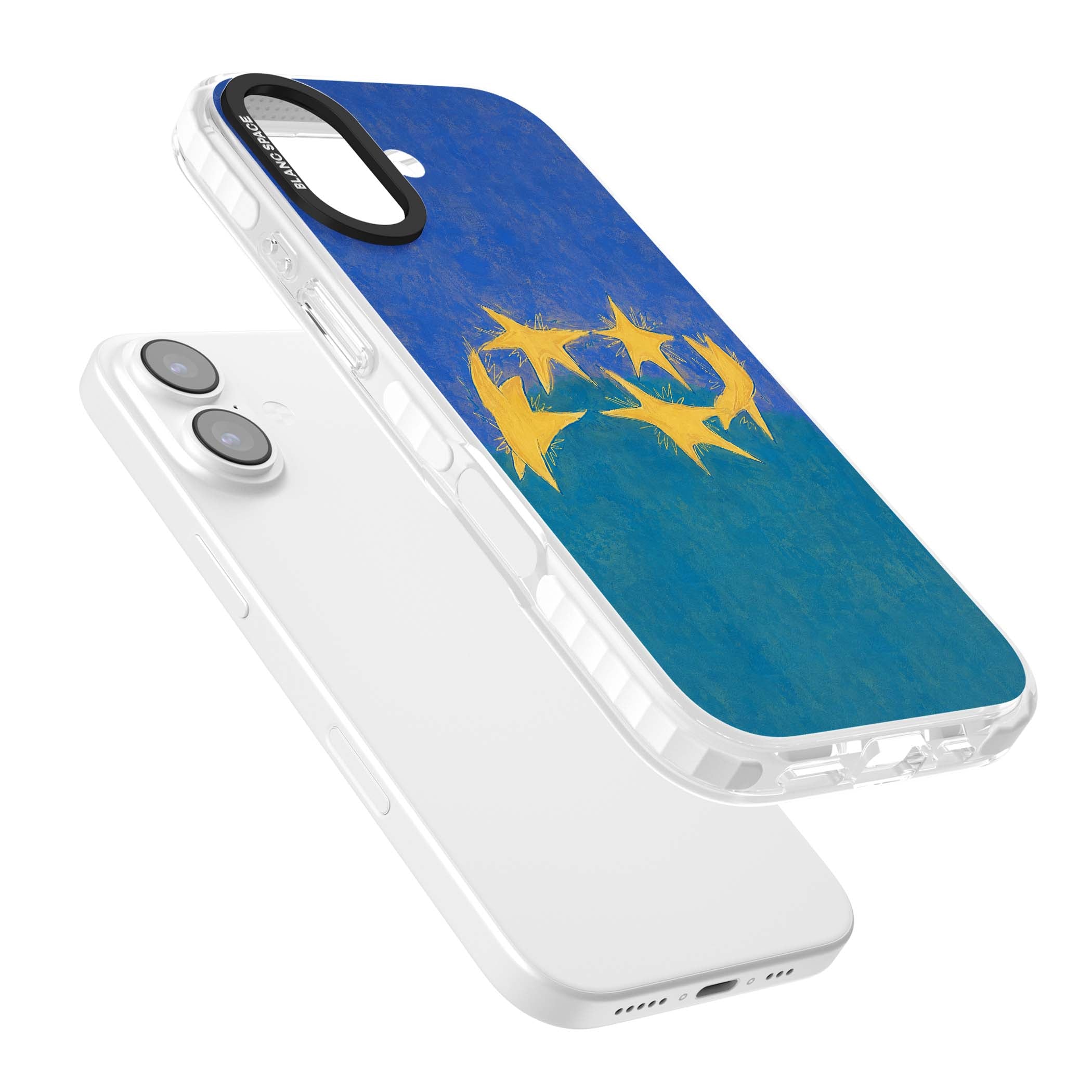 Star Boogie stars aesthetic iPhone case featuring five yellow hand-painted stars on cobalt blue and teal | Black Impact case for iPhone 17
