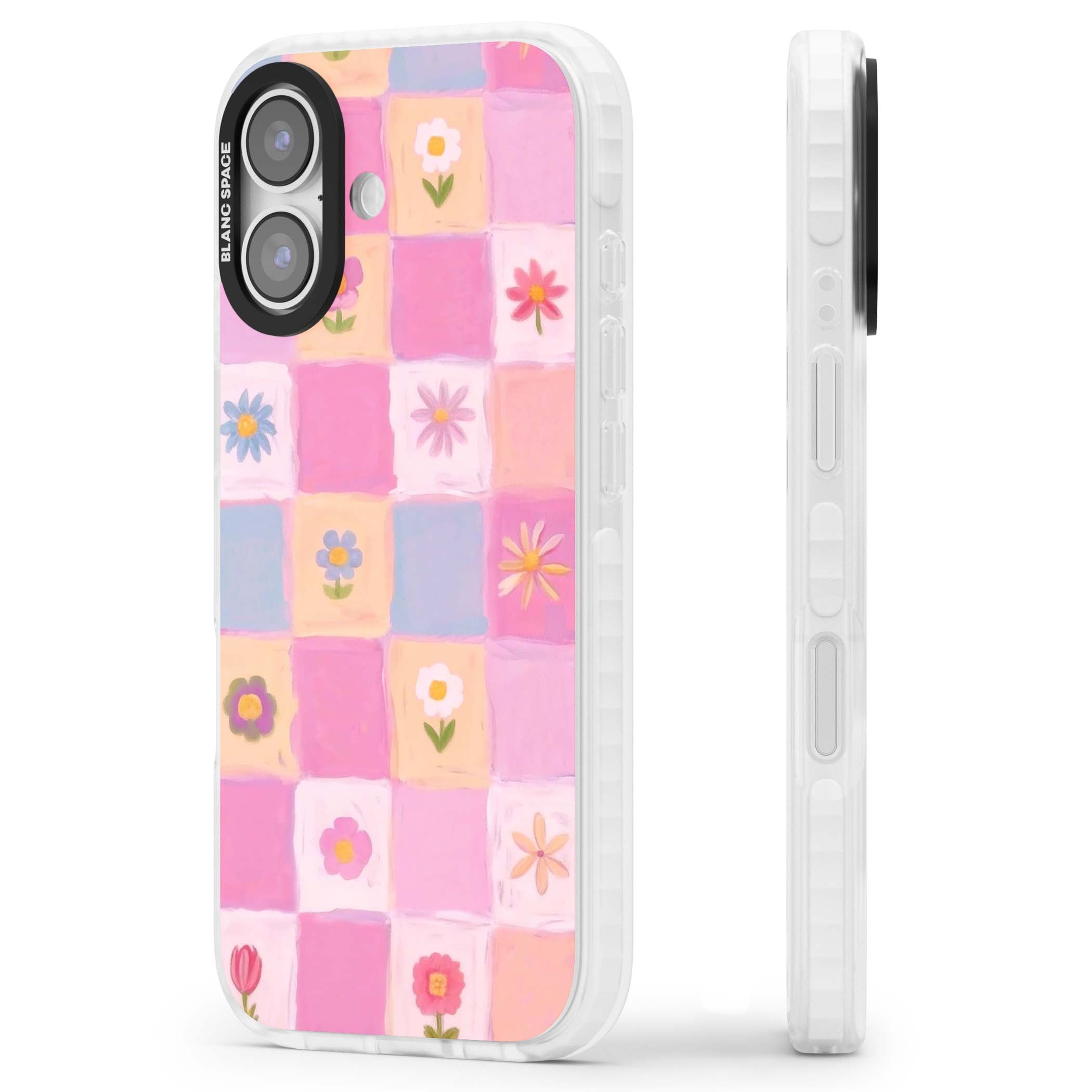 Pastel Flower Patchwork cottagecore iPhone case featuring painted pink and lilac squares with daisies and wildflowers | Black Impact case for iPhone 17