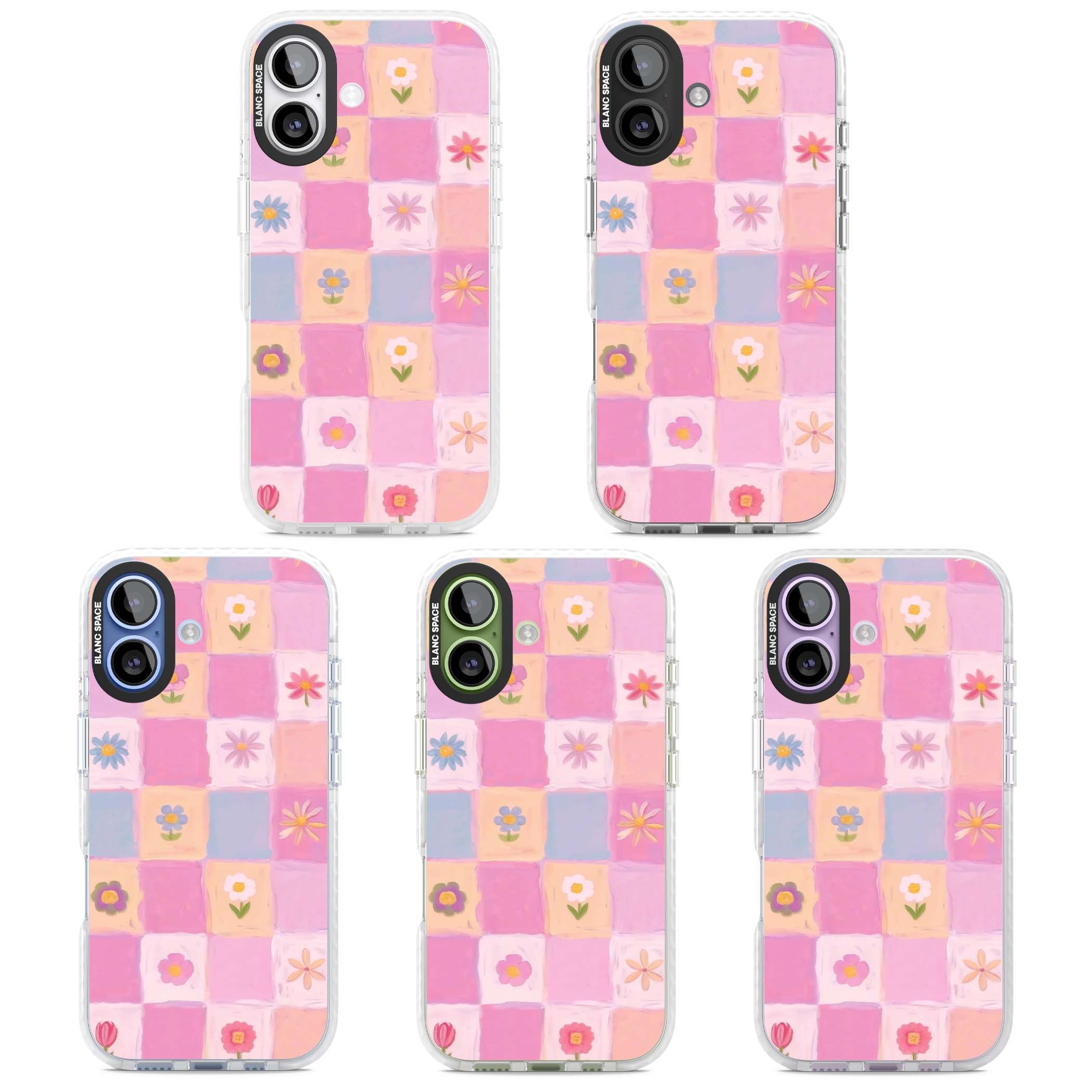 Pastel Flower Patchwork cottagecore iPhone case featuring painted pink and lilac squares with daisies and wildflowers | Black Impact case for iPhone 17
