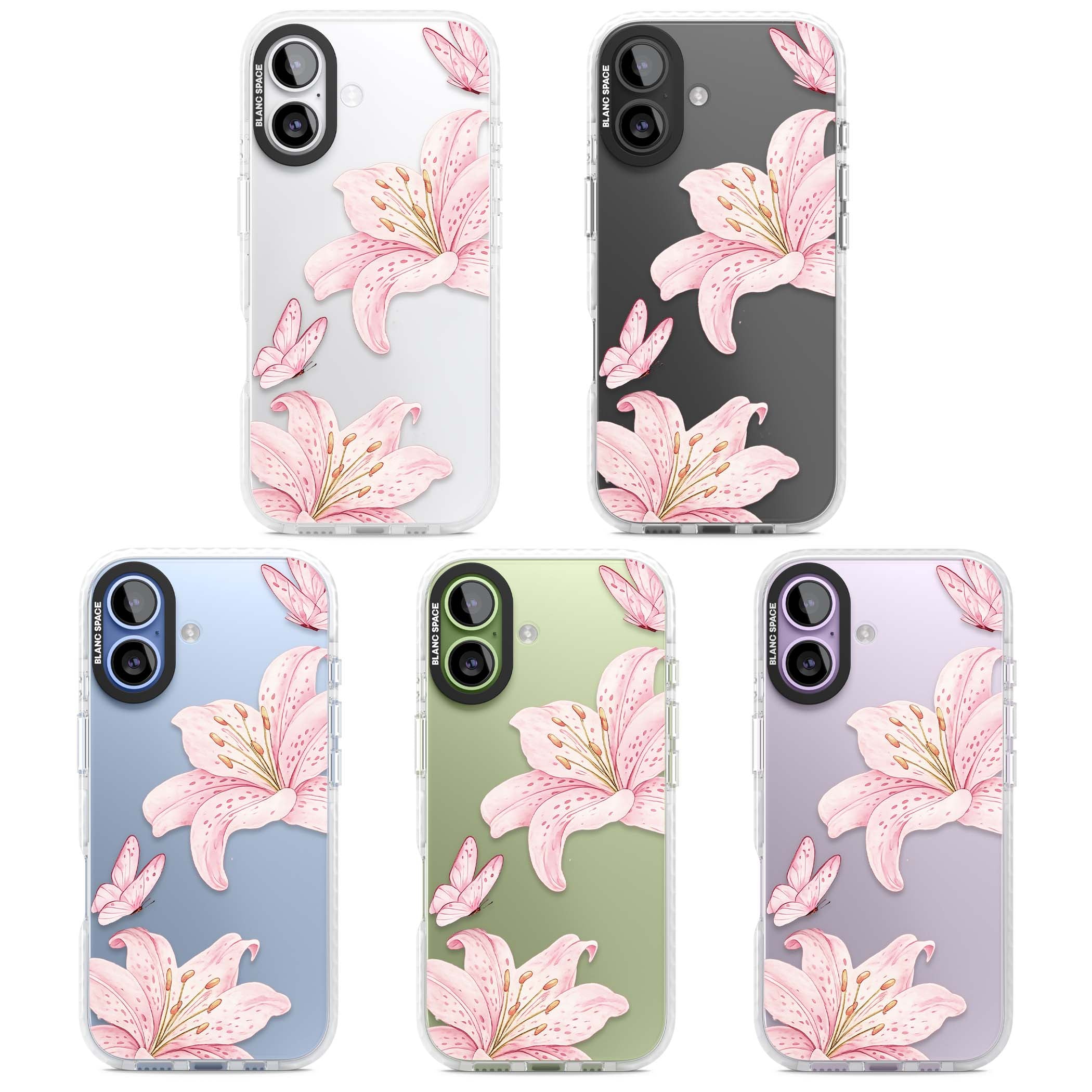 Lily Whisper floral iPhone case featuring pink watercolour lilies and delicate butterflies on a clear background | Black Impact case for iPhone 17