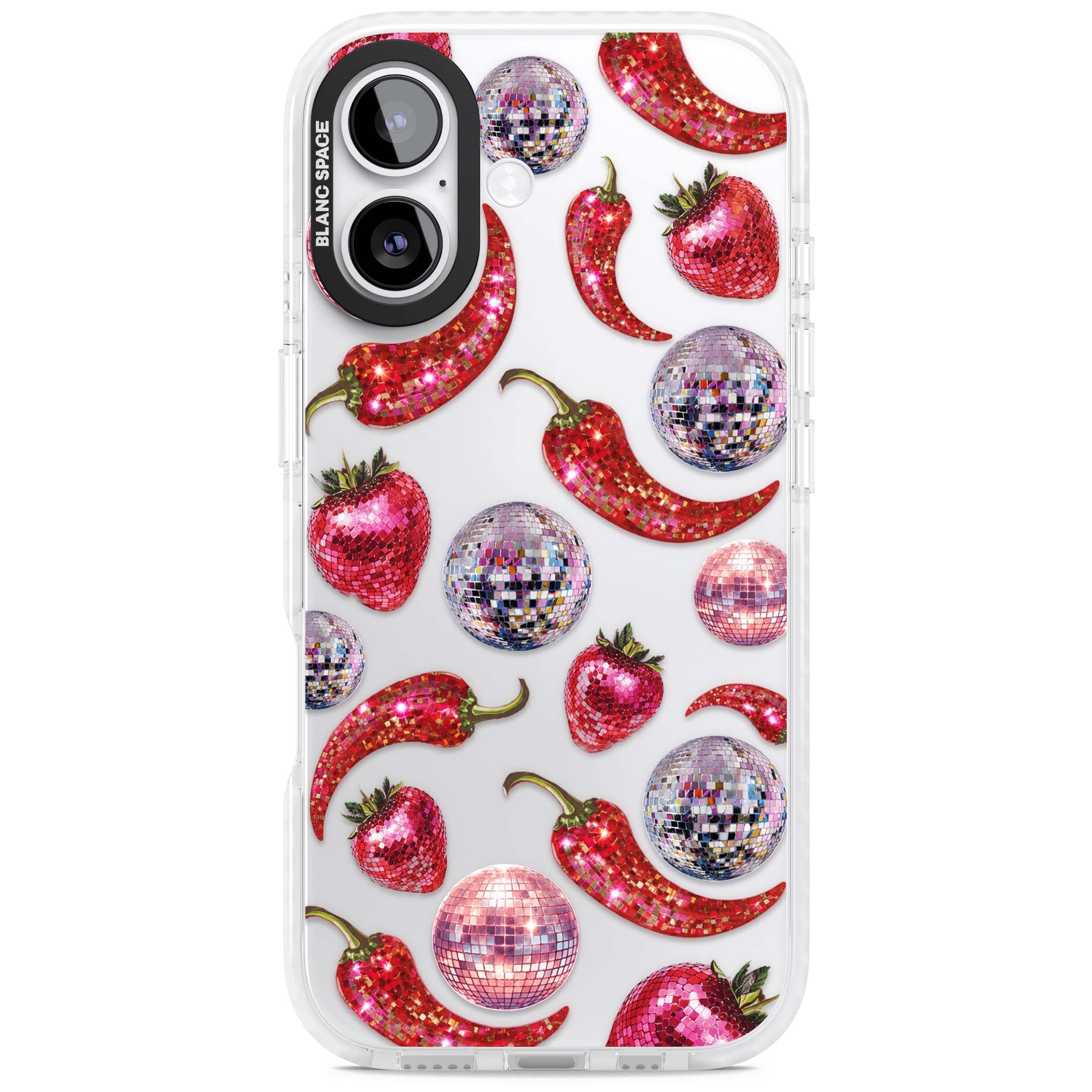 Spicy Disco Y2K iPhone case featuring glitter disco balls, sparkly strawberries and red chilli peppers | Black Impact case for iPhone 17