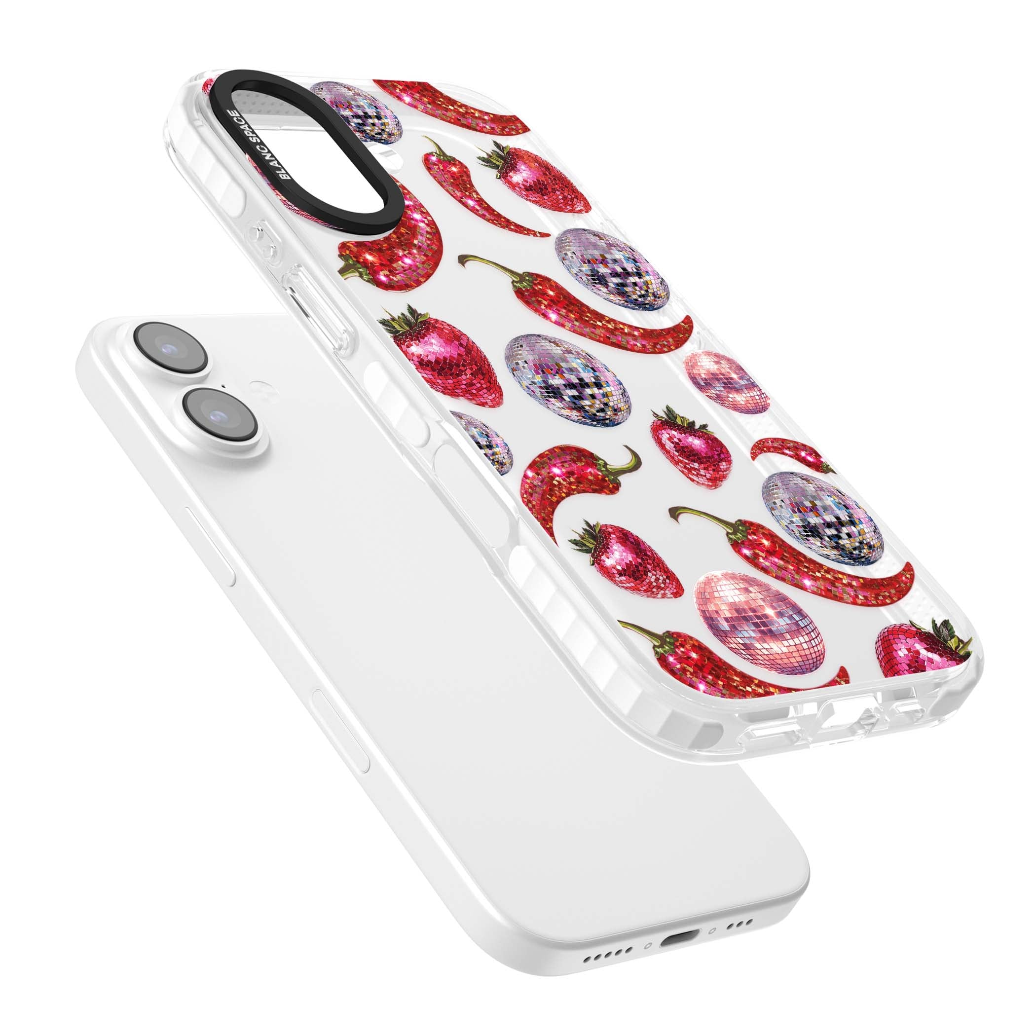 Spicy Disco Y2K iPhone case featuring glitter disco balls, sparkly strawberries and red chilli peppers | Black Impact case for iPhone 17