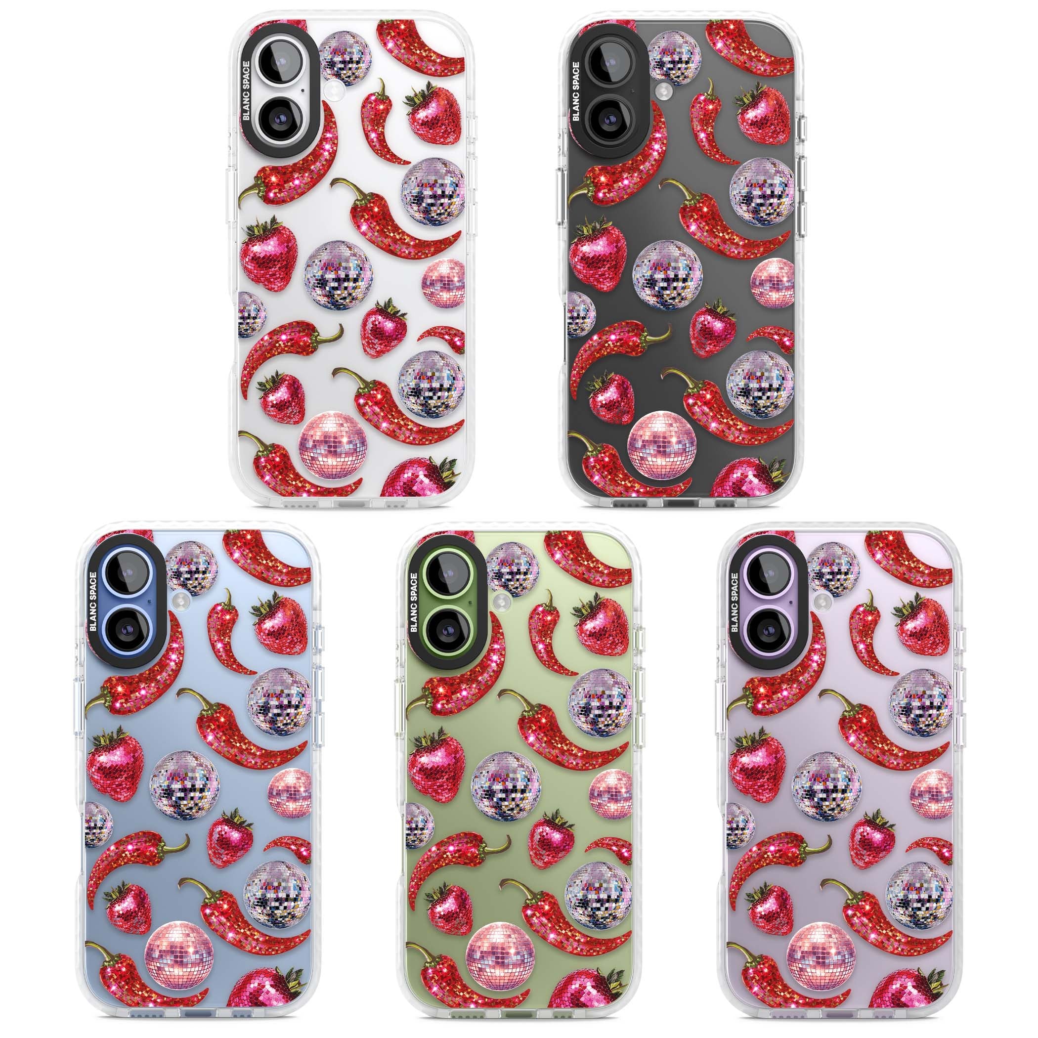 Spicy Disco Y2K iPhone case featuring glitter disco balls, sparkly strawberries and red chilli peppers | Black Impact case for iPhone 17