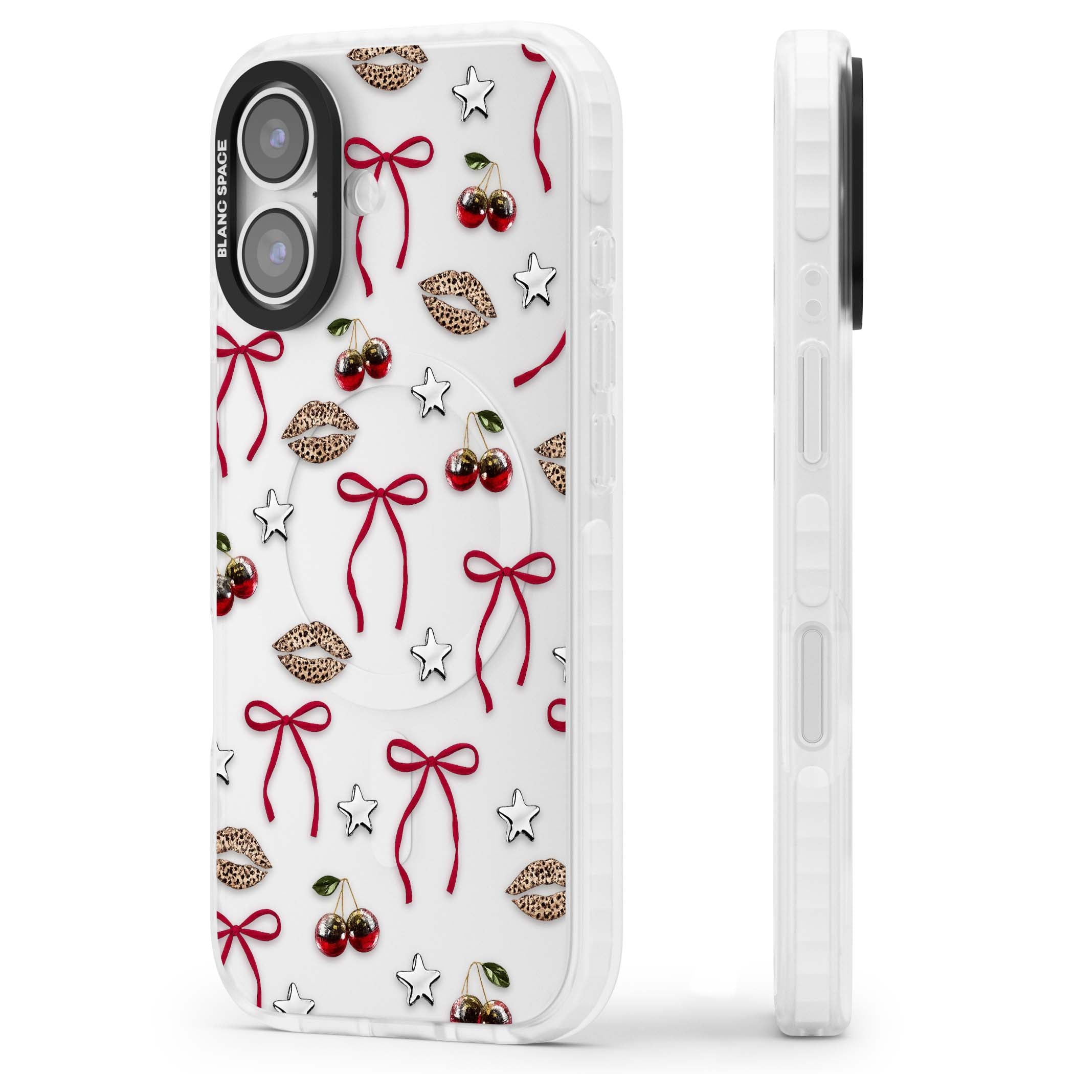 Starlet coquette iPhone case featuring red ribbon bows, disco cherries and leopard-print lips | Black Impact case for iPhone 17