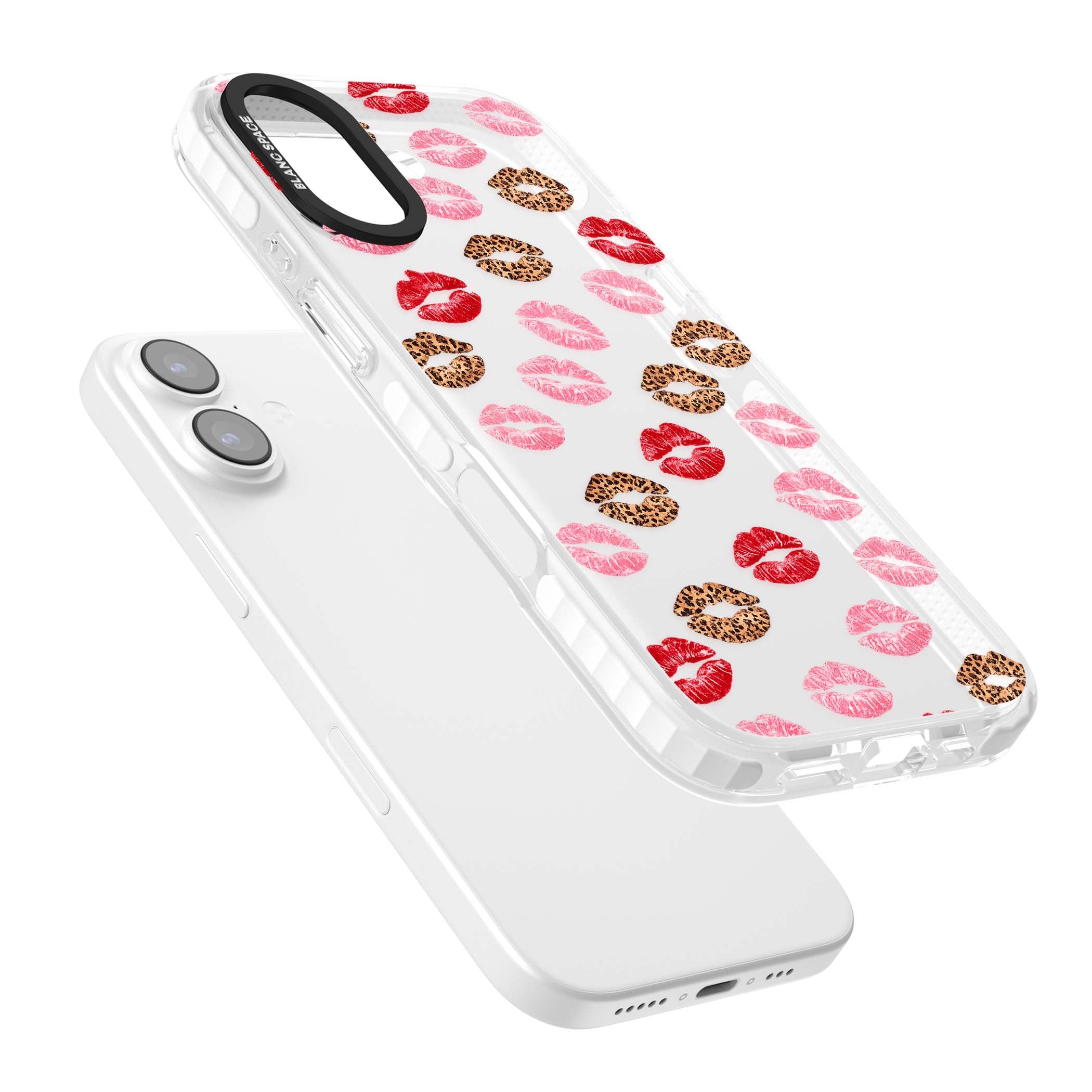 Wild Kisses coquette iPhone case featuring red, pink and leopard print lipstick kiss marks on a clear background | Black Impact case for iPhone 17