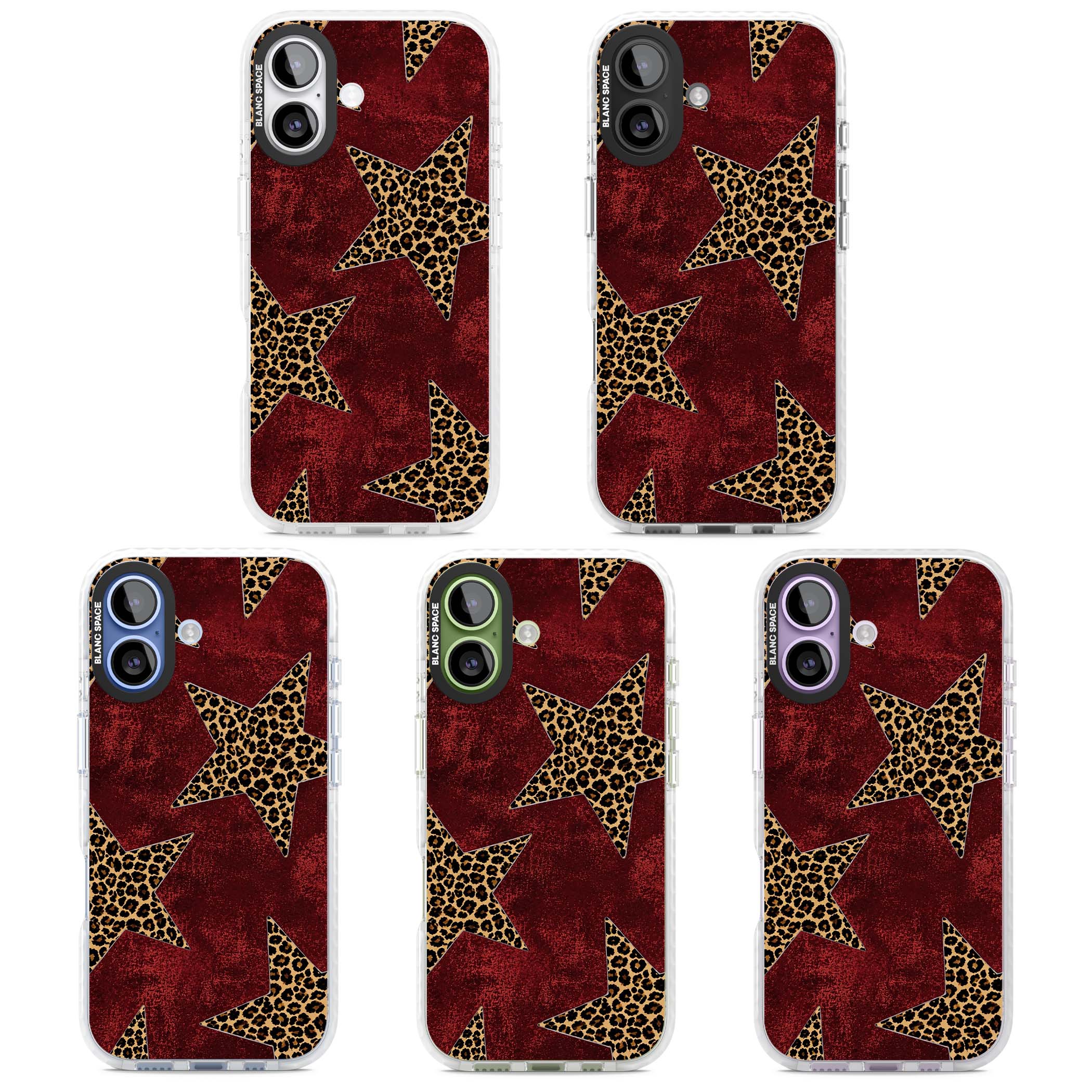 Showgirl leopard print iPhone case featuring cheetah print stars on distressed red grunge background | Black Impact case for iPhone 17