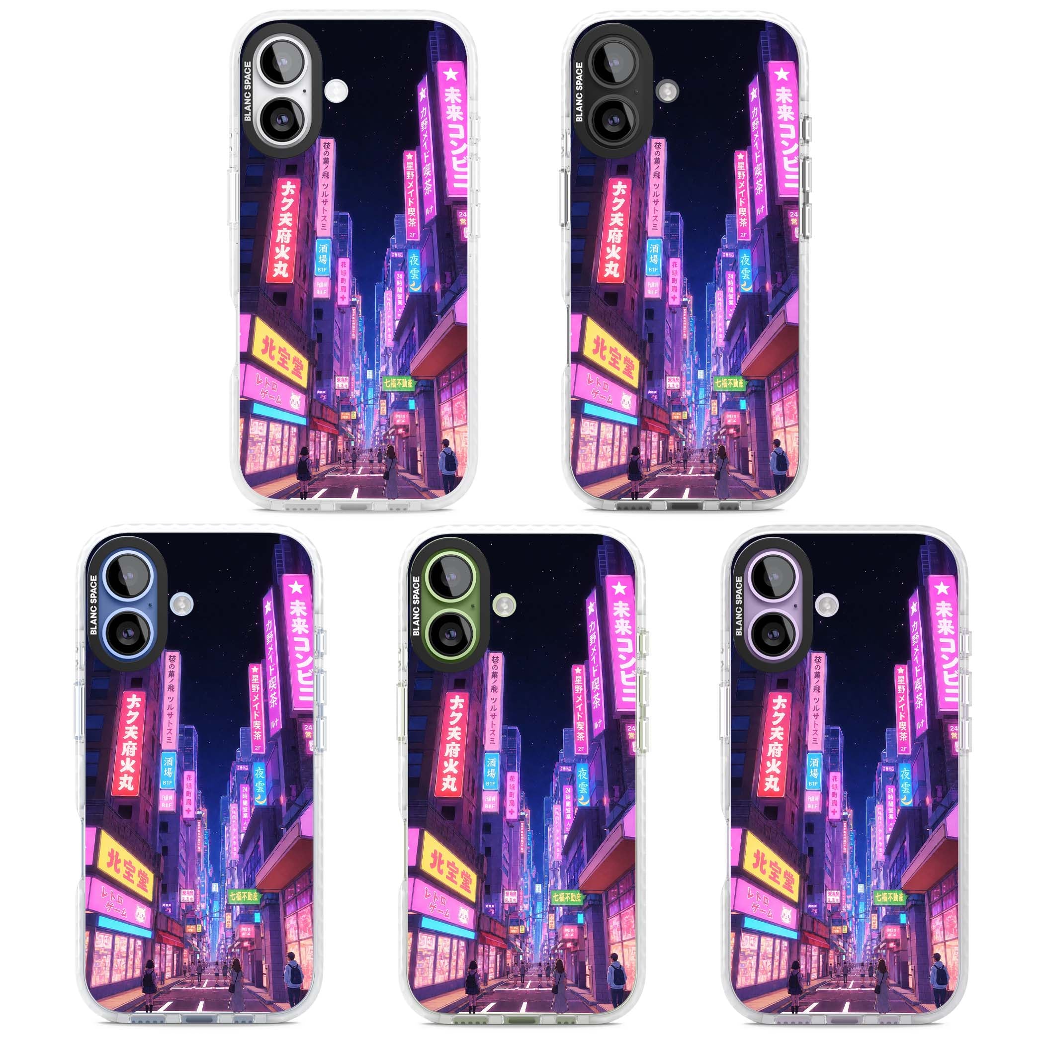 Shibuya At Night Japanese neon city iPhone case featuring glowing kanji signs, pink storefronts and a Tokyo street at n | Black Impact case for iPhone 17