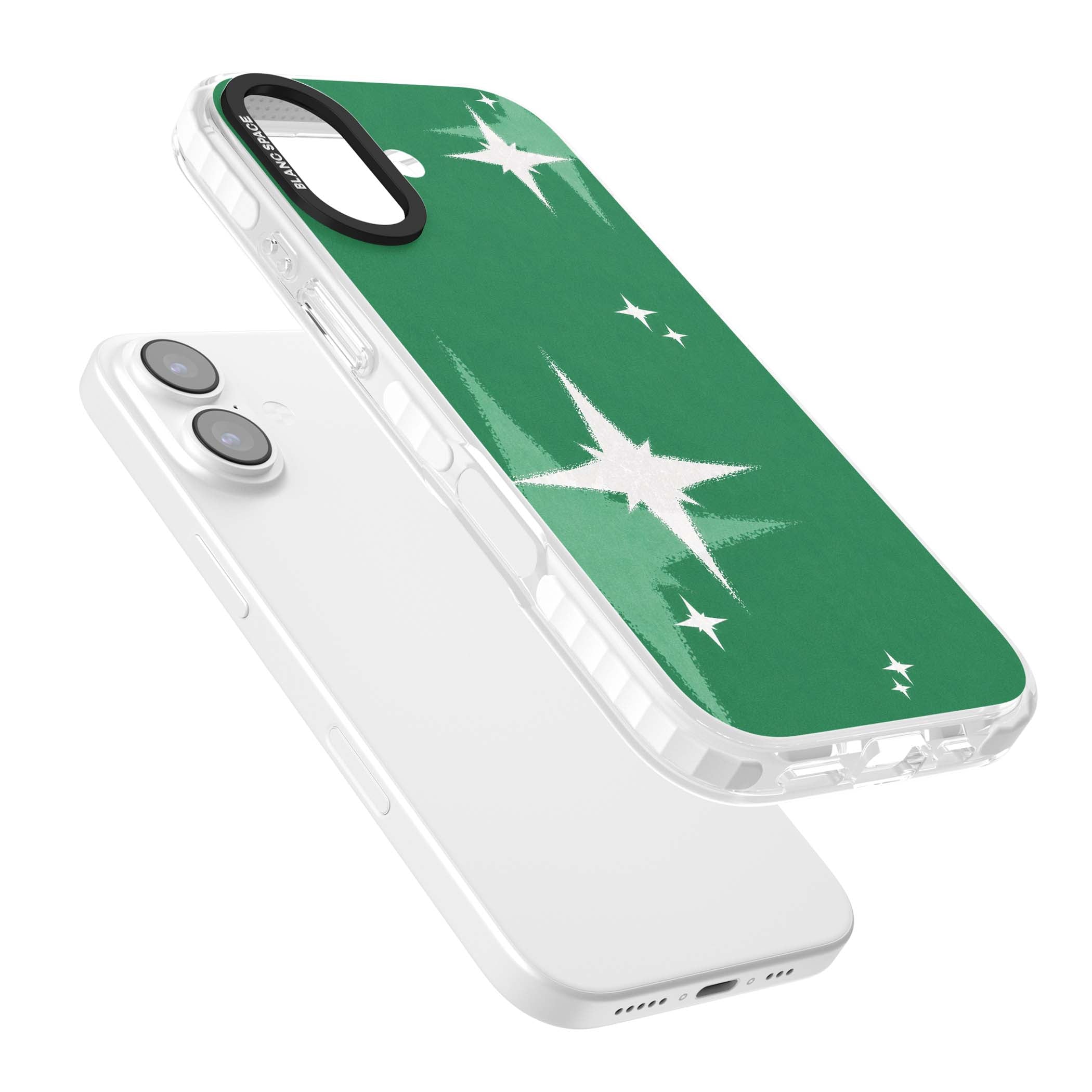 Green Sparkle celestial iPhone case featuring sparkling white four-point stars on a deep green background | Black Impact case for iPhone 17