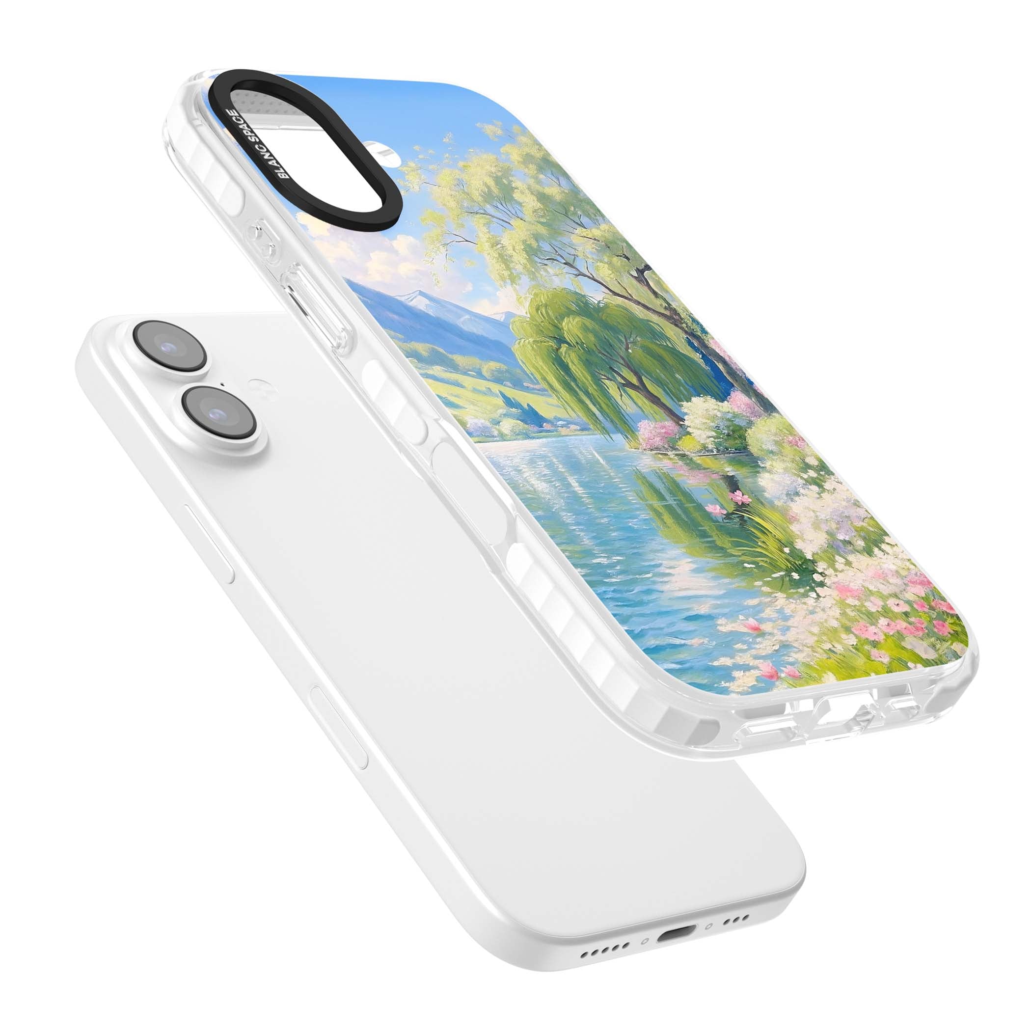 Willow Lake cottagecore iPhone case featuring a painted lakeside with weeping willow, blossoms and distant mountains | Black Impact case for iPhone 17
