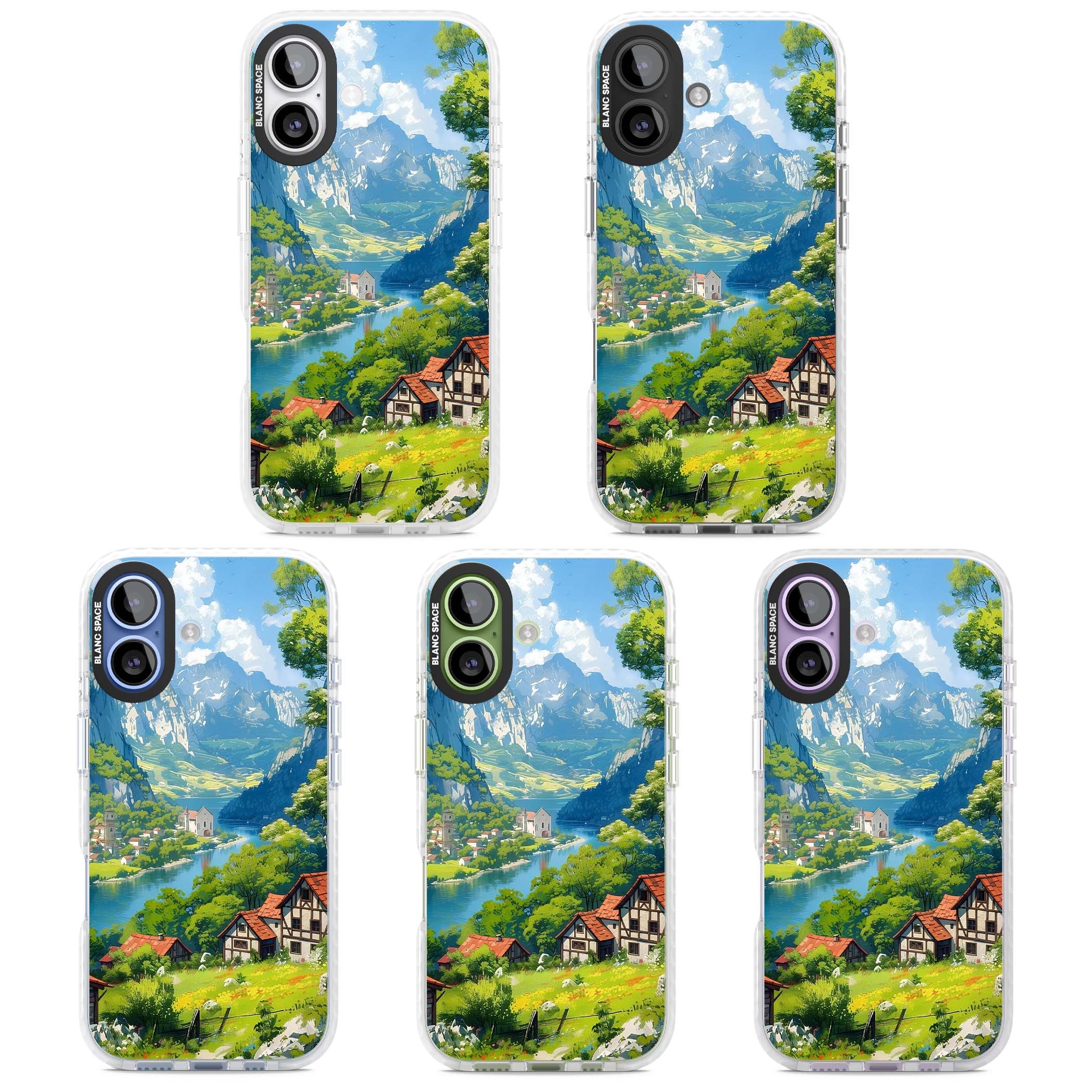 Village In The Valley anime iPhone case featuring a painted mountain village, river valley and half-timbered cottages. | Black Impact case for iPhone 17