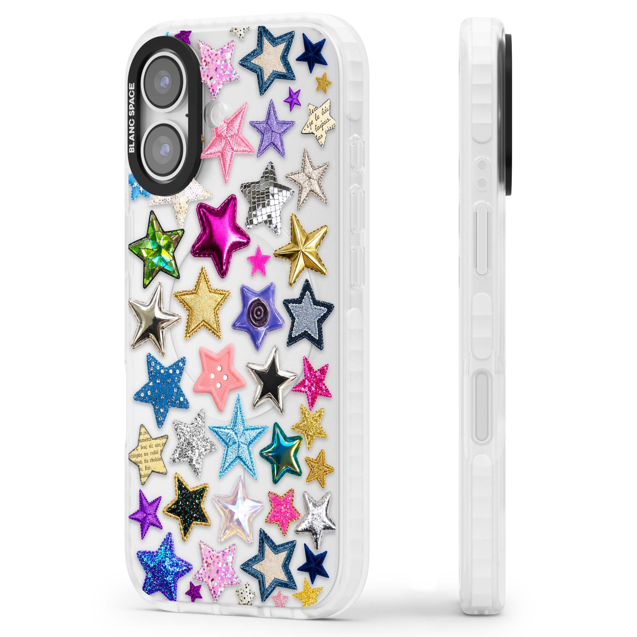Crafty Star Mix Y2K iPhone case featuring embroidered, sequinned and glitter star patches in rainbow colours | Black Impact case for iPhone 17