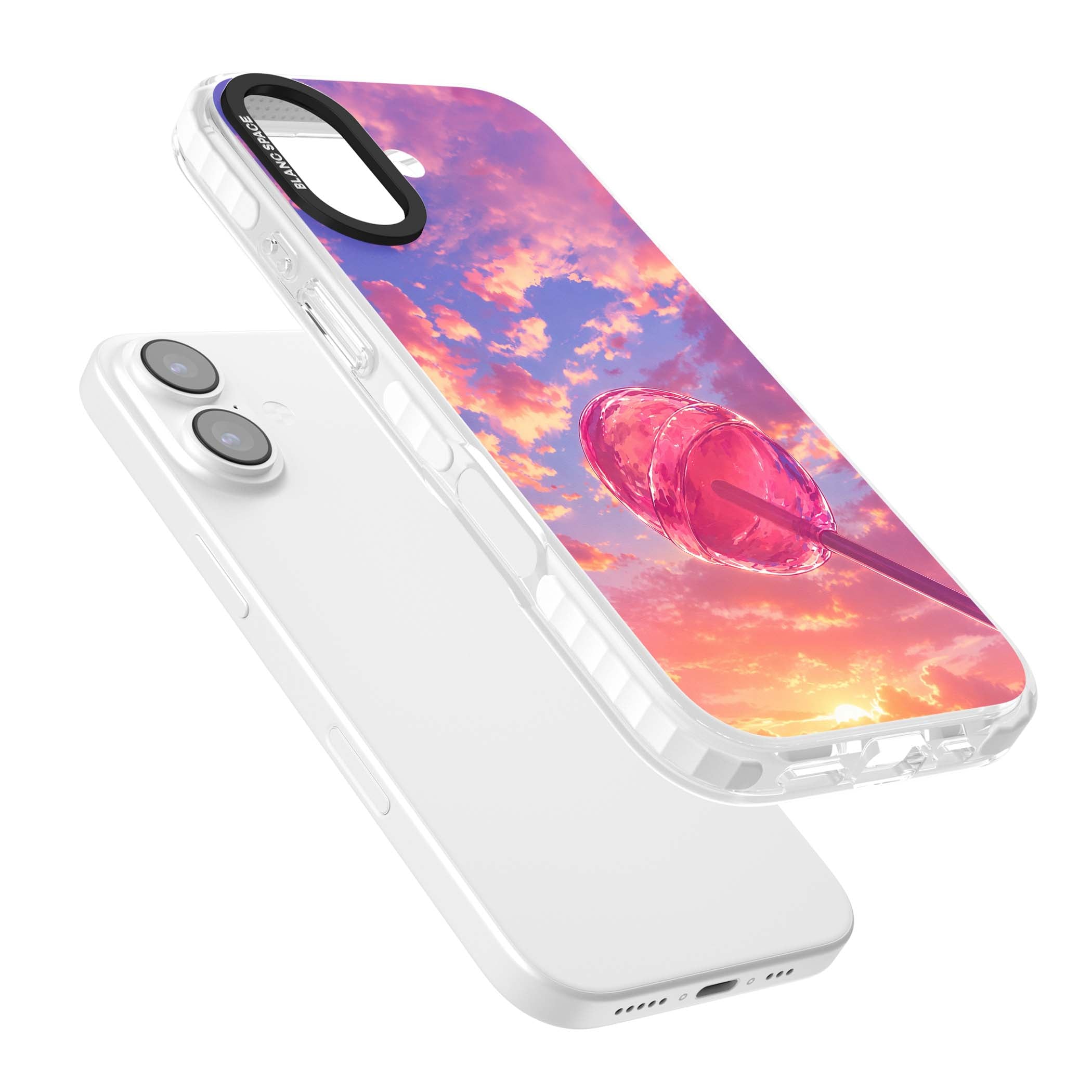 Sugar Sunset candy aesthetic iPhone case featuring a pink lollipop, pastel sunset sky and dreamy clouds | Black Impact case for iPhone 17