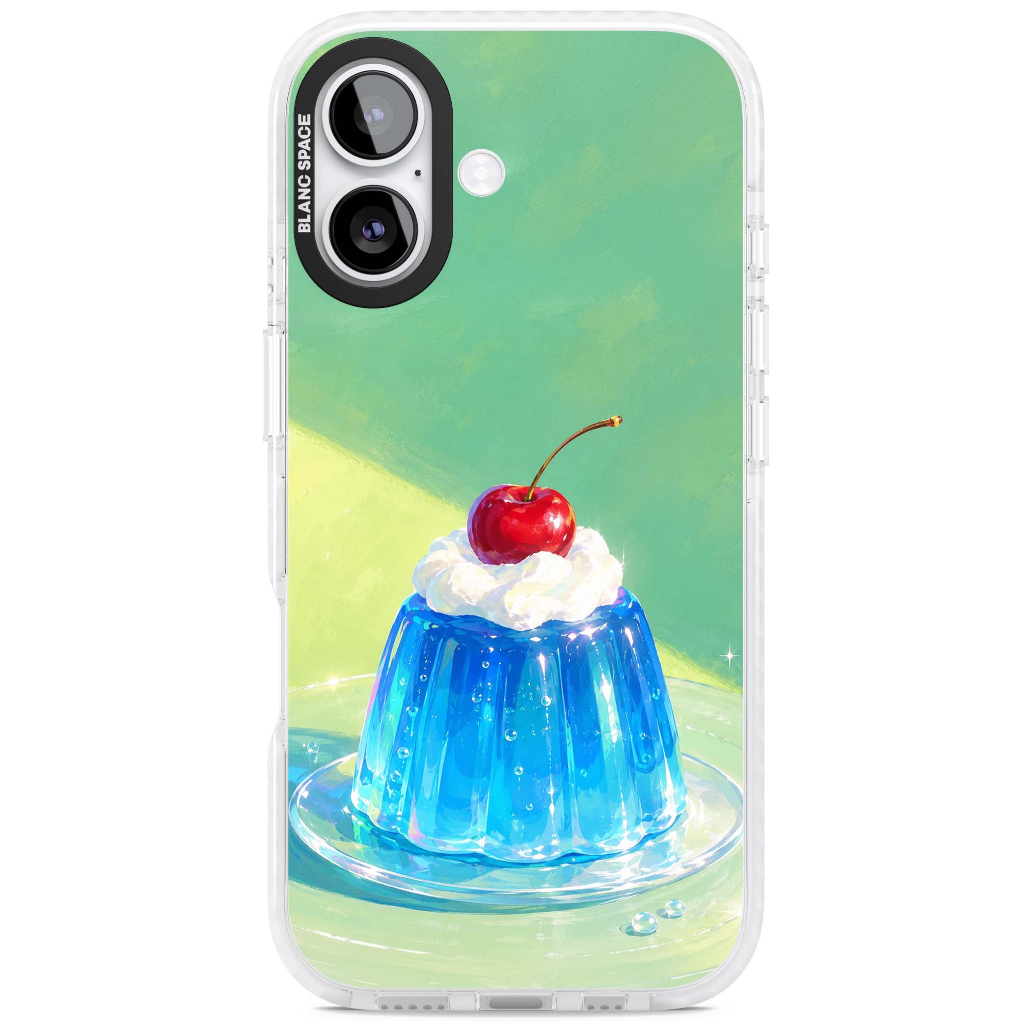 Cherry Jelly kawaii dessert iPhone case featuring blue jelly pudding, whipped cream and a red cherry | Black Impact case for iPhone 17