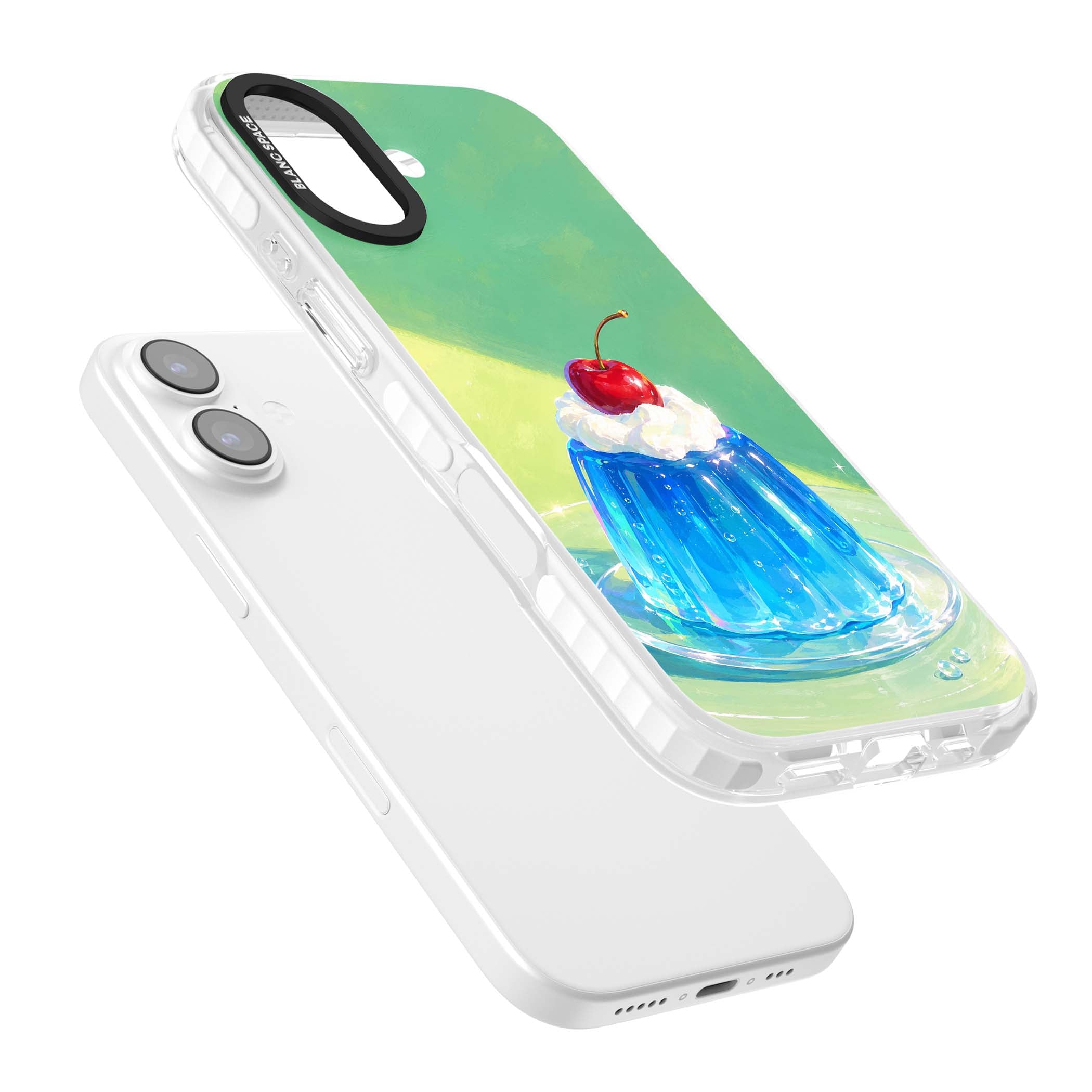 Cherry Jelly kawaii dessert iPhone case featuring blue jelly pudding, whipped cream and a red cherry | Black Impact case for iPhone 17