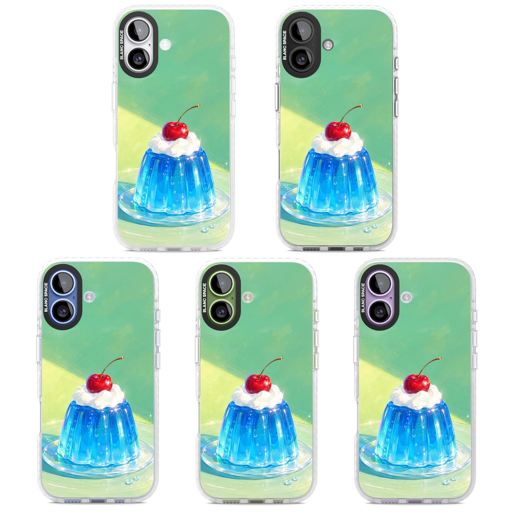 Cherry Jelly kawaii dessert iPhone case featuring blue jelly pudding, whipped cream and a red cherry | Black Impact case for iPhone 17