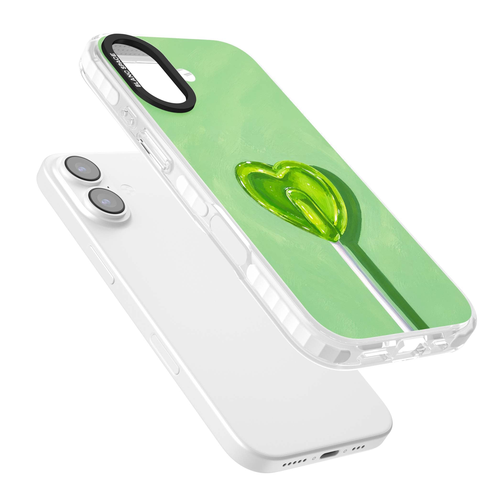 Green Lollipop candy art iPhone case featuring a glossy green heart-shaped lollipop on a painted pastel green background | Black Impact case for iPhone 17