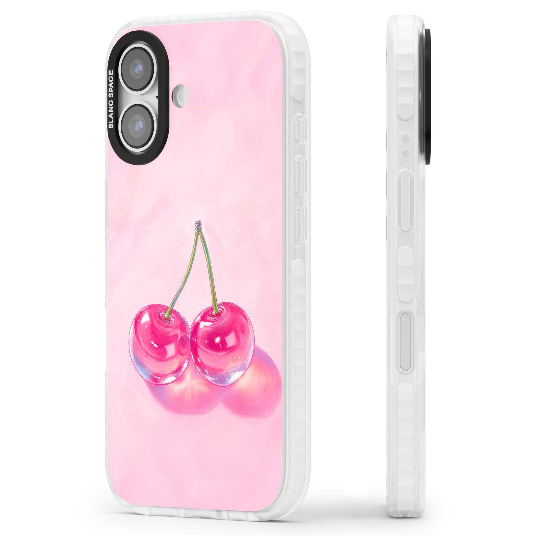 Pink Glass Cherry coquette iPhone case featuring two glossy painted cherries on a soft pink background | Black Impact case for iPhone 17