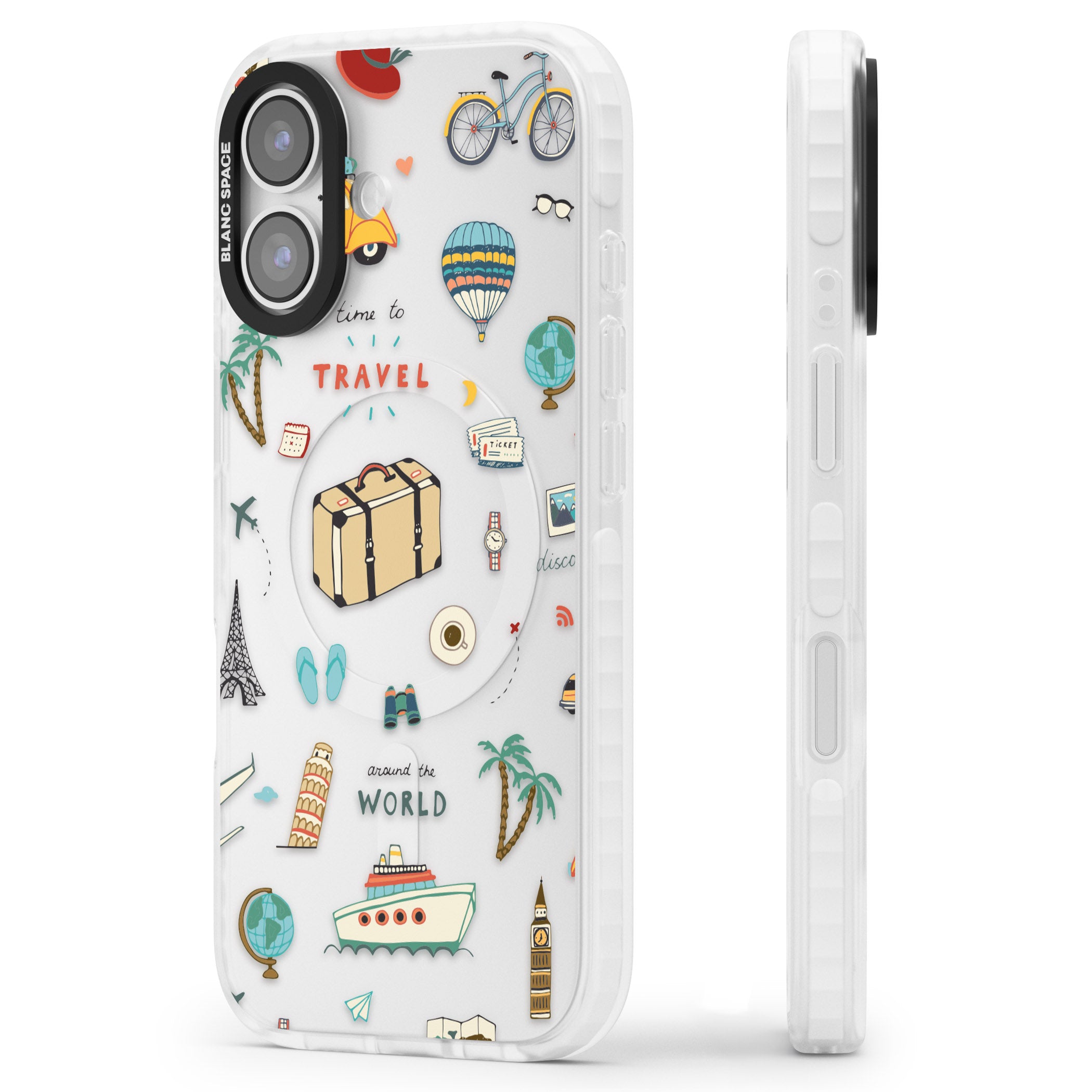 Cute Travel Pattern Transparent iPhone 17 Impact Clear Phone Case Side Profile