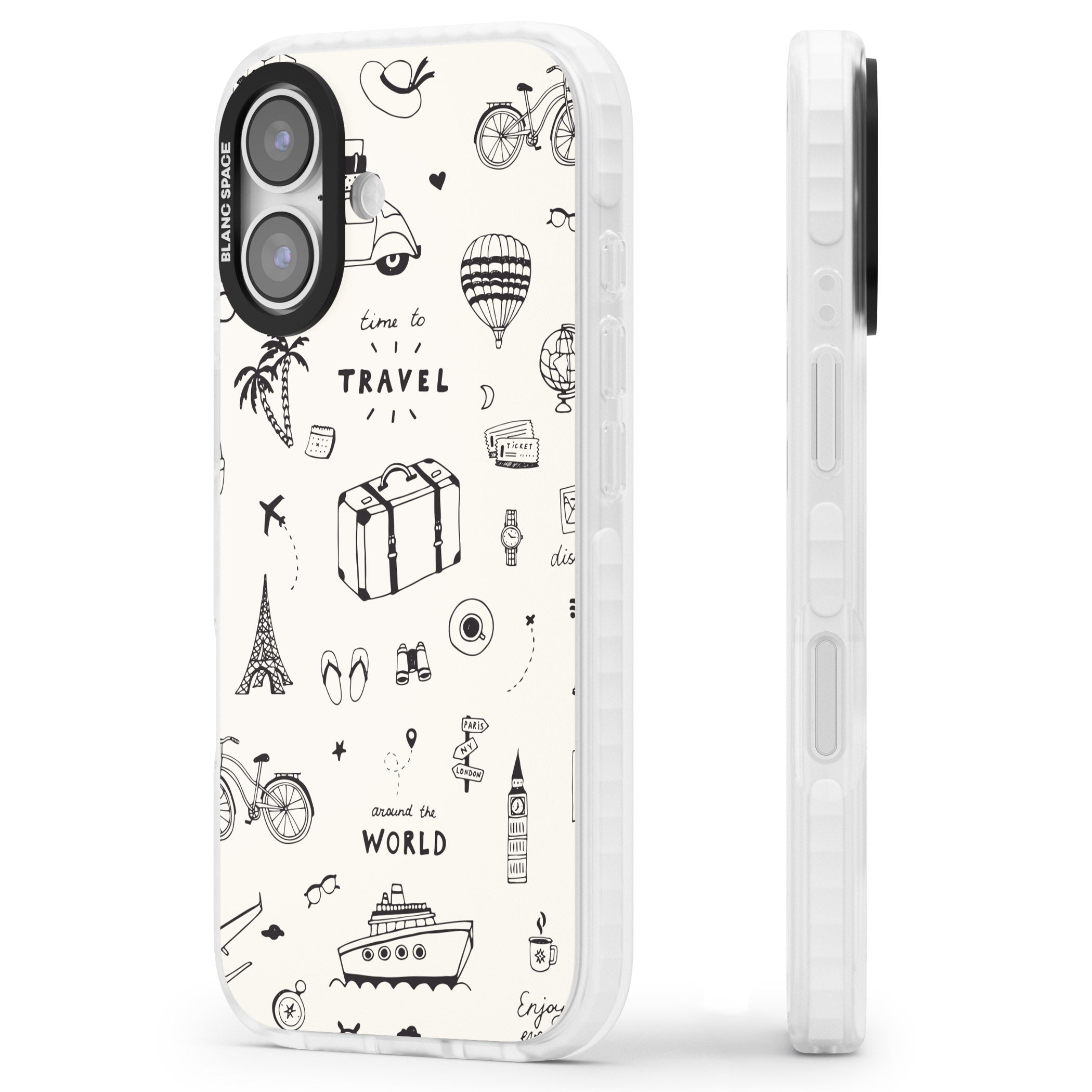 Cute Travel Pattern, White On iPhone 17 Impact Clear Phone Case Side Profile