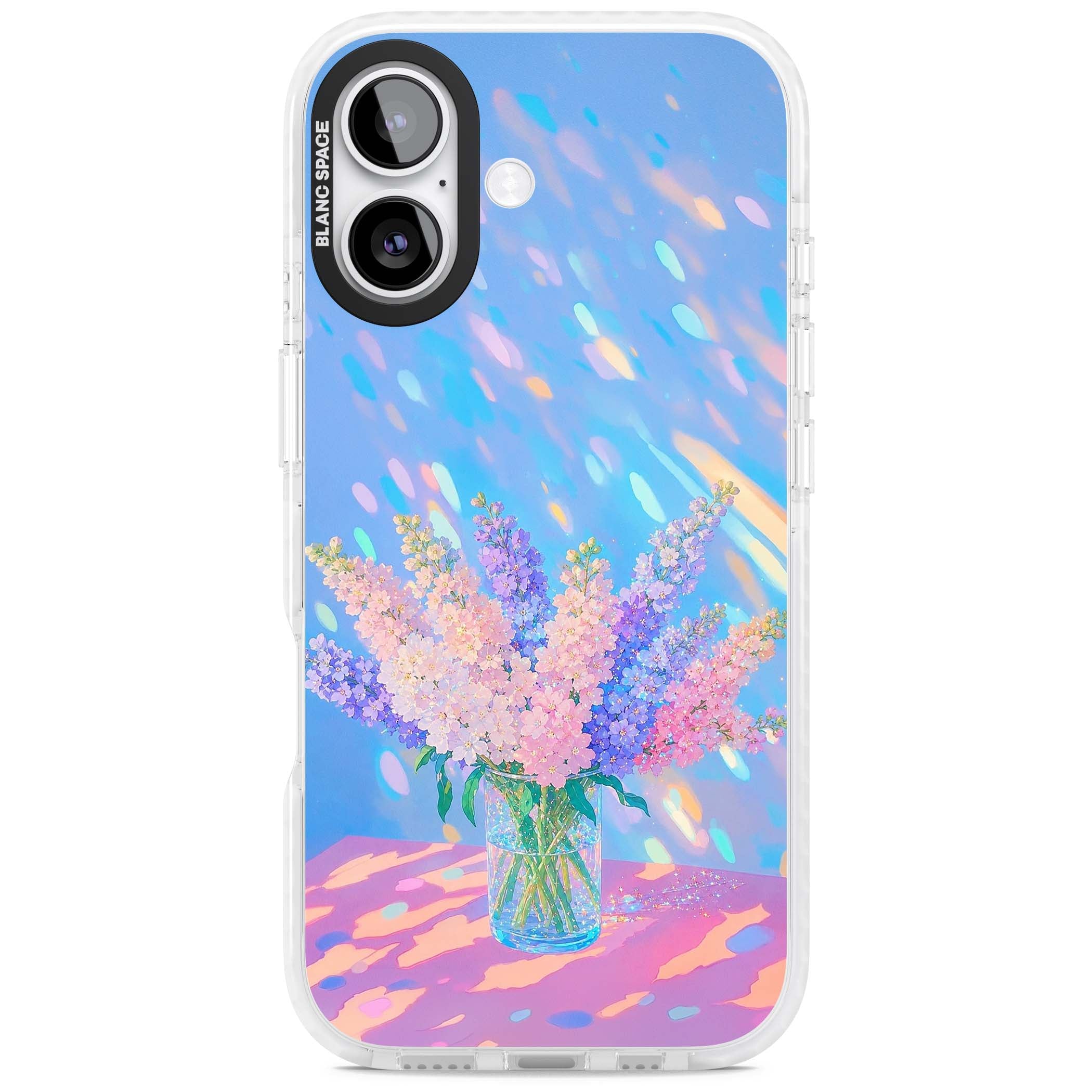 Bubblegum Flowers floral iPhone case featuring pastel lilac and pink bouquet in a glass vase with iridescent light | Black Impact case for iPhone 17