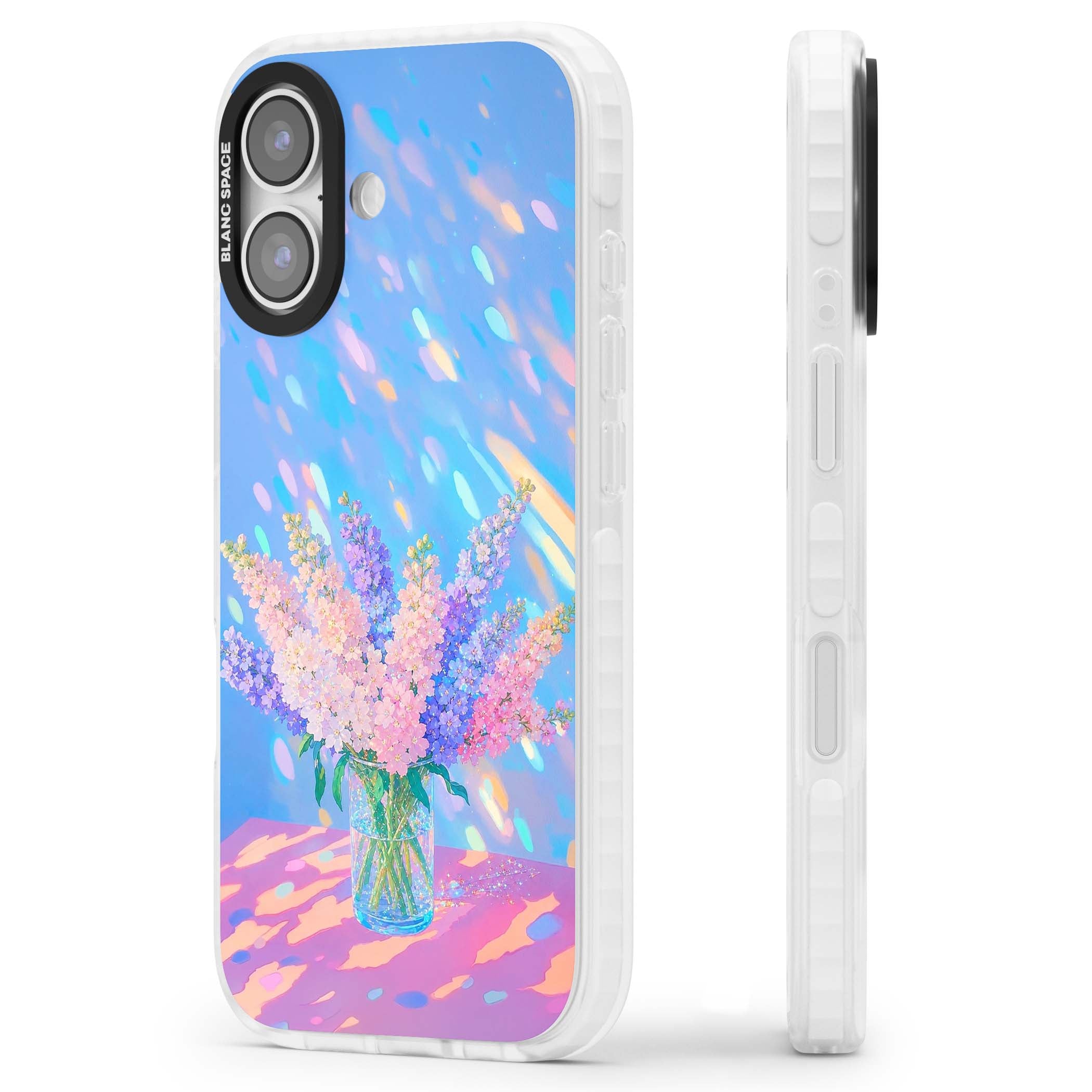 Bubblegum Flowers floral iPhone case featuring pastel lilac and pink bouquet in a glass vase with iridescent light | Black Impact case for iPhone 17