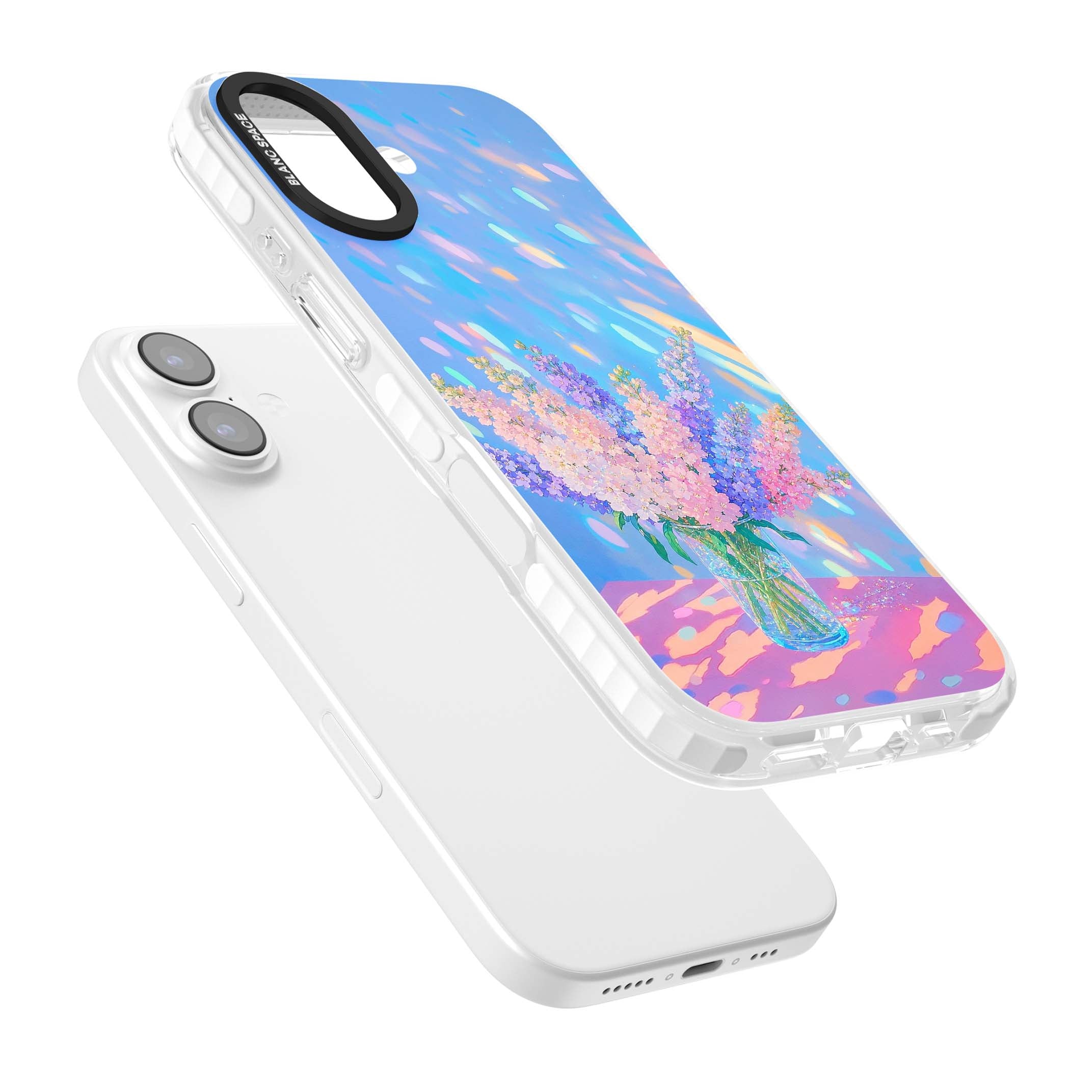 Bubblegum Flowers floral iPhone case featuring pastel lilac and pink bouquet in a glass vase with iridescent light | Black Impact case for iPhone 17