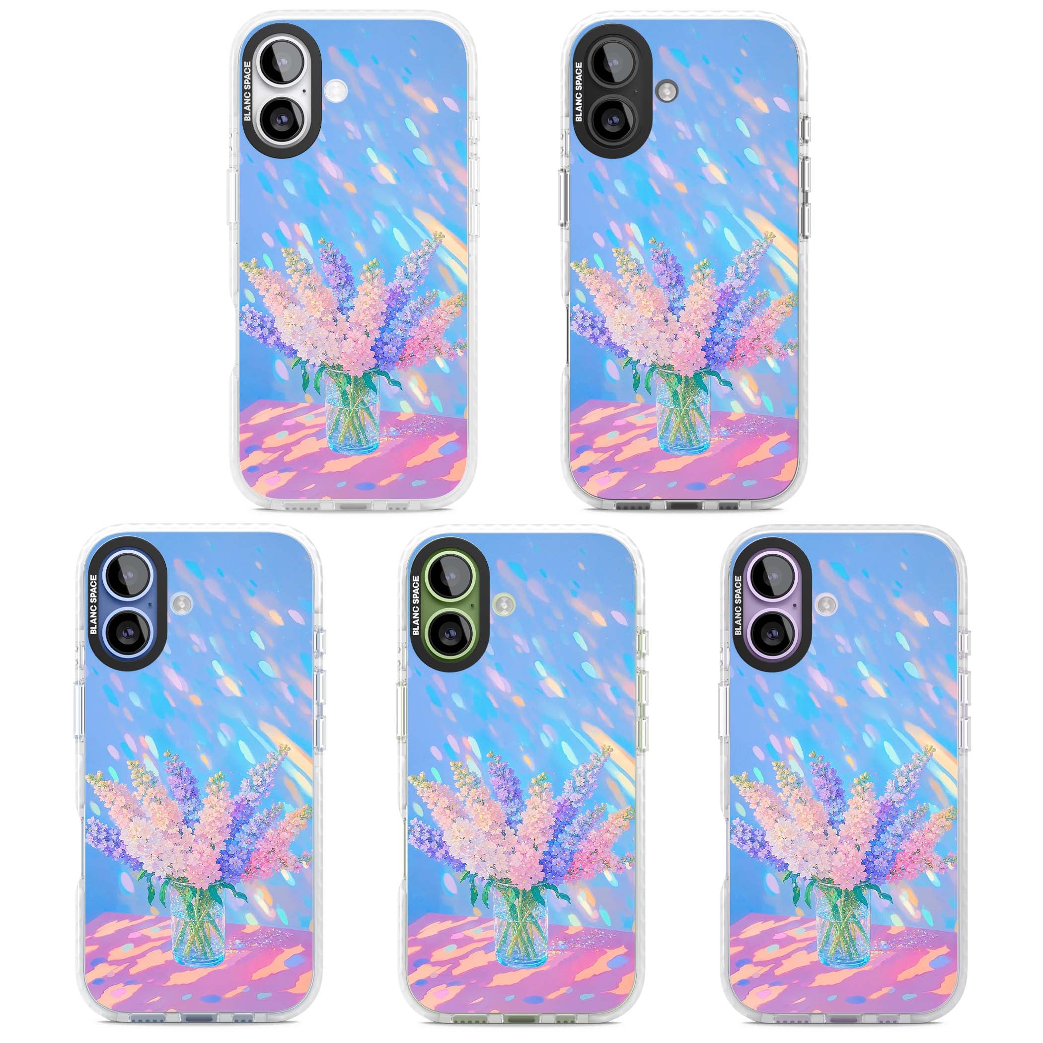 Bubblegum Flowers floral iPhone case featuring pastel lilac and pink bouquet in a glass vase with iridescent light | Black Impact case for iPhone 17