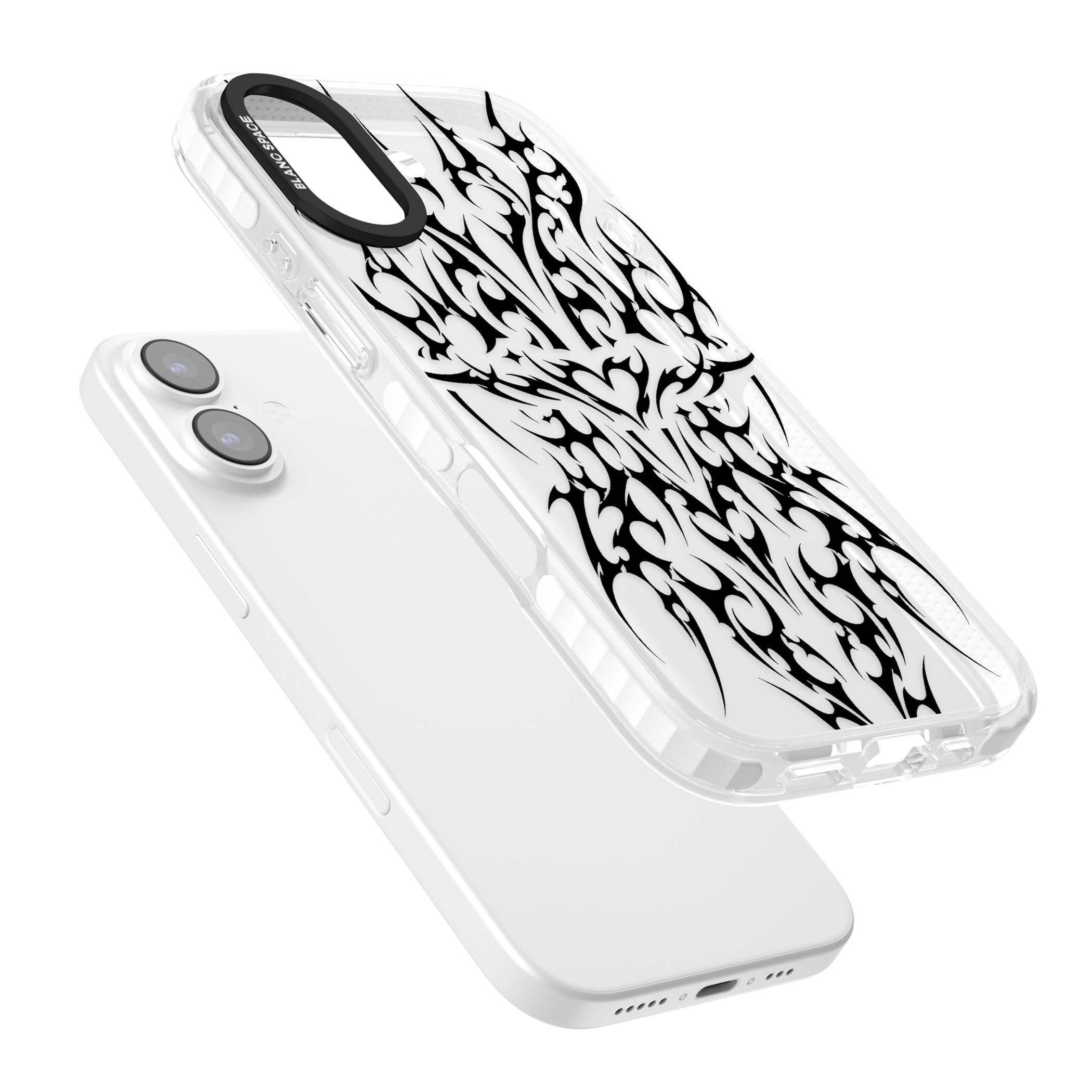 Neo Tribal Heart gothic iPhone case featuring symmetrical black tribal tattoo art with sharp thorn-like linework | Black Impact case for iPhone 17