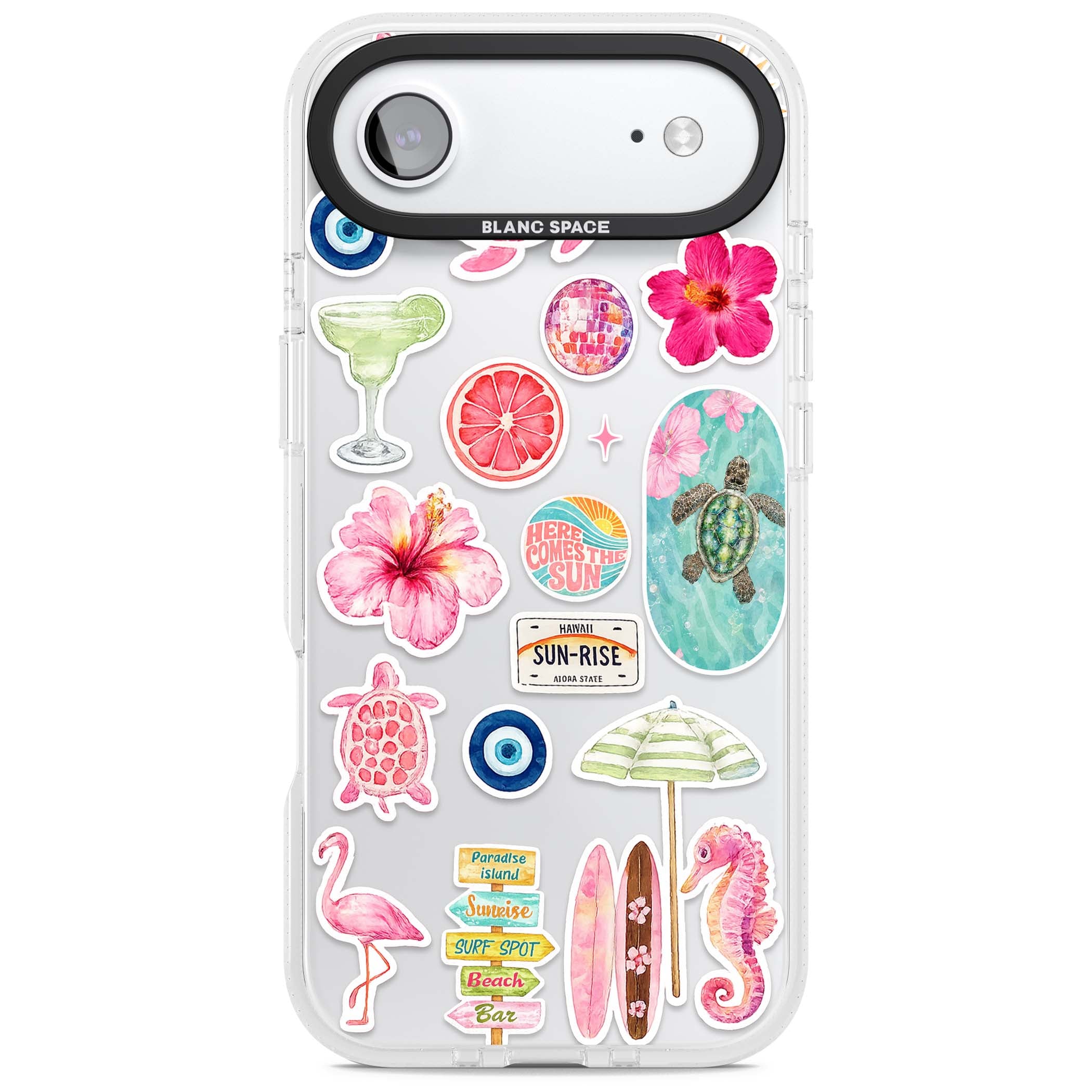 Aloha Sticker Mix tropical summer iPhone case featuring pink hibiscus, sea turtles, flamingo and beach umbrella stickers | Clear Case Impact Air case for iPhone Air