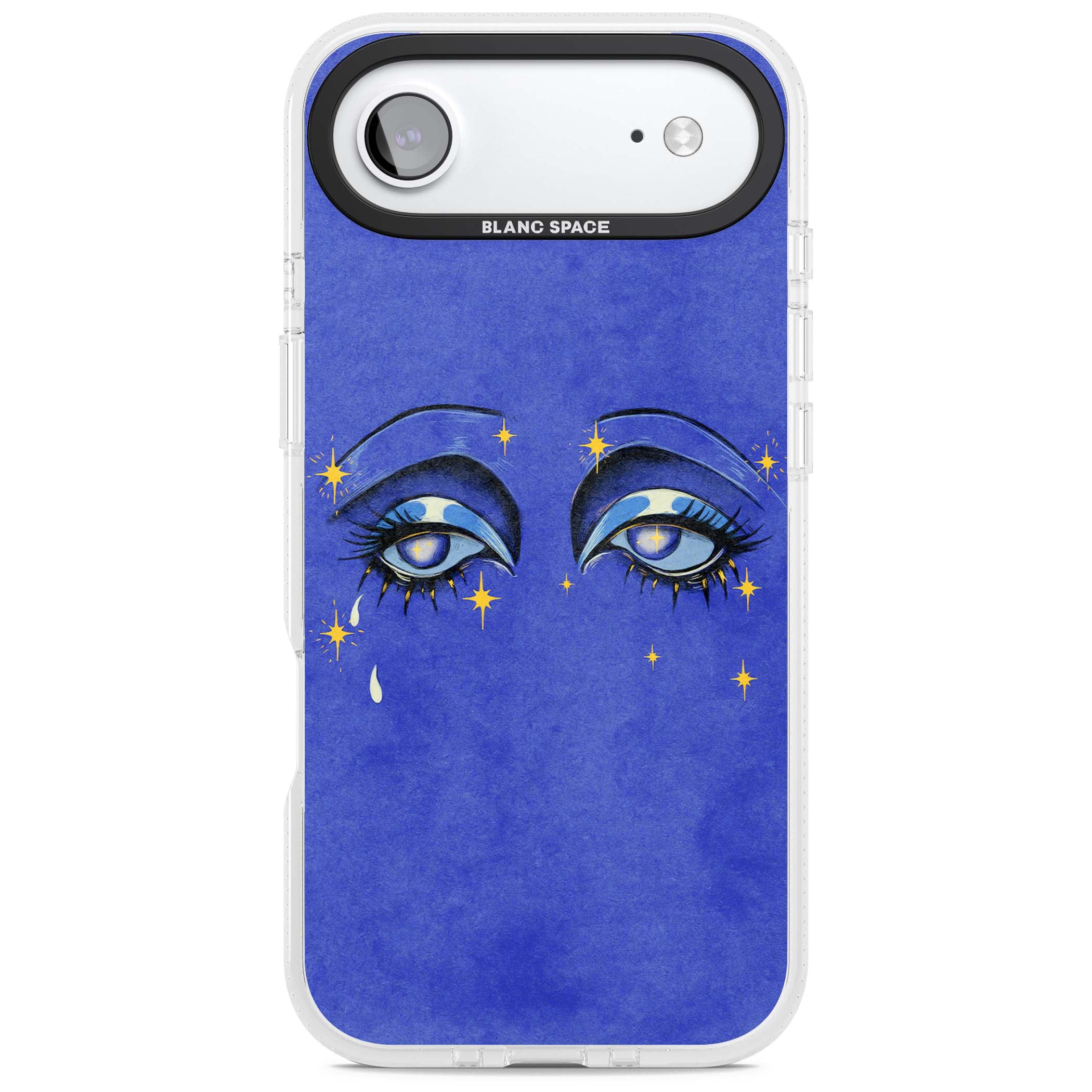 Blue Mystic Eyes celestial iPhone case featuring hand drawn blue mystical eyes, golden stars and a painted tear on indigo | Clear Case Impact Air case for iPhone Air