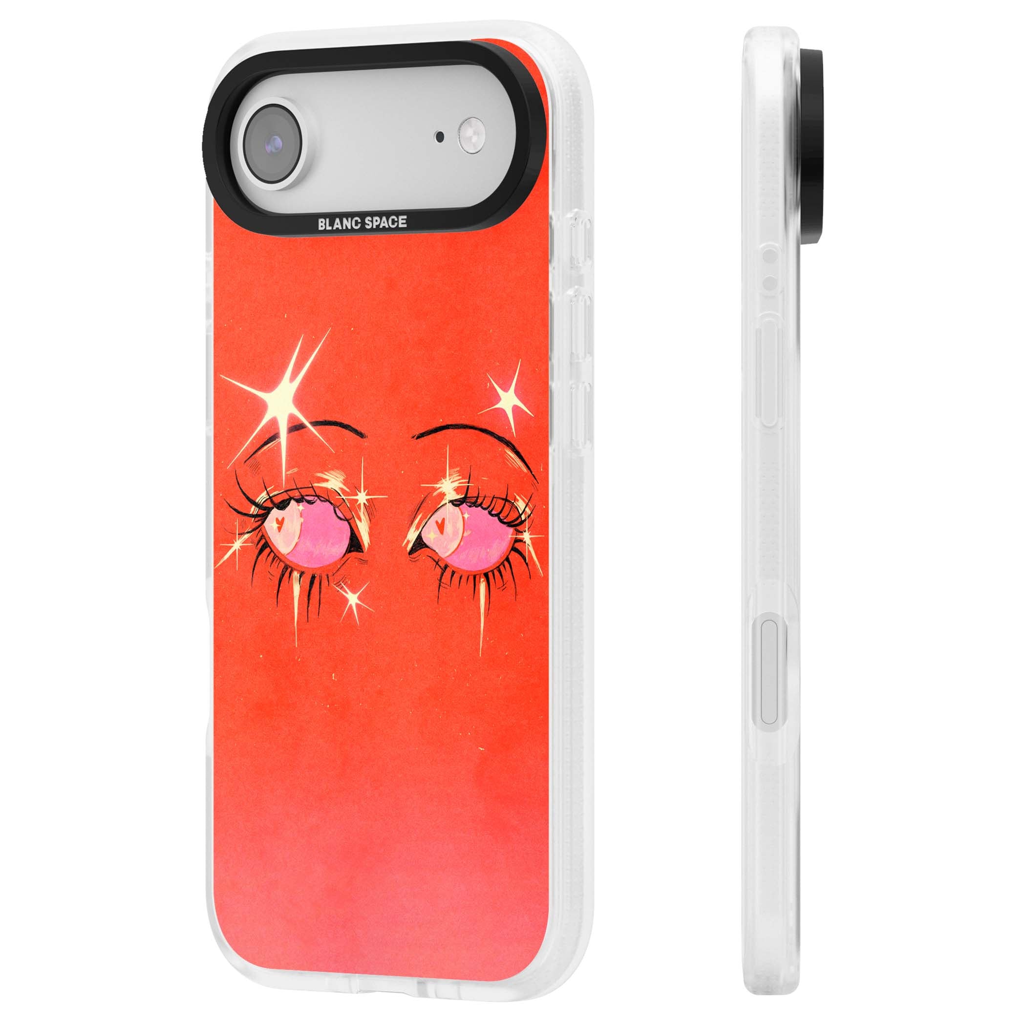 Pink Ethereal Eyes anime iPhone case featuring hand-drawn sparkly eyes with pink hearts and gold stars on red | Clear Case Impact Air case for iPhone Air