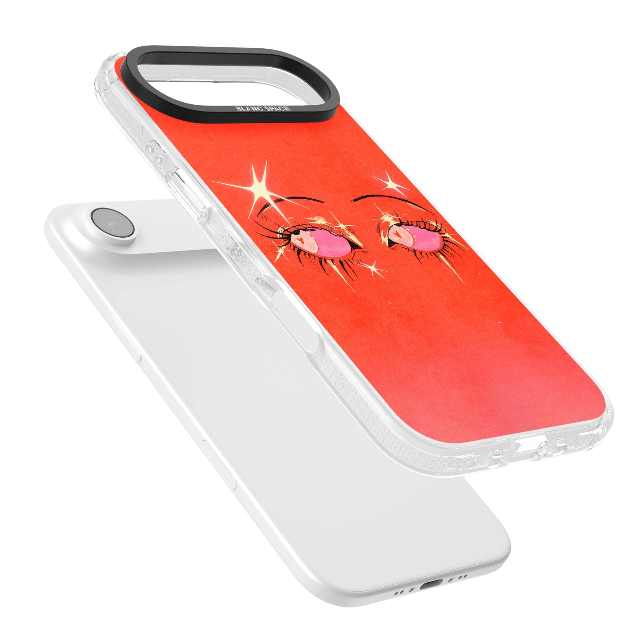 Pink Ethereal Eyes anime iPhone case featuring hand-drawn sparkly eyes with pink hearts and gold stars on red | Clear Case Impact Air case for iPhone Air
